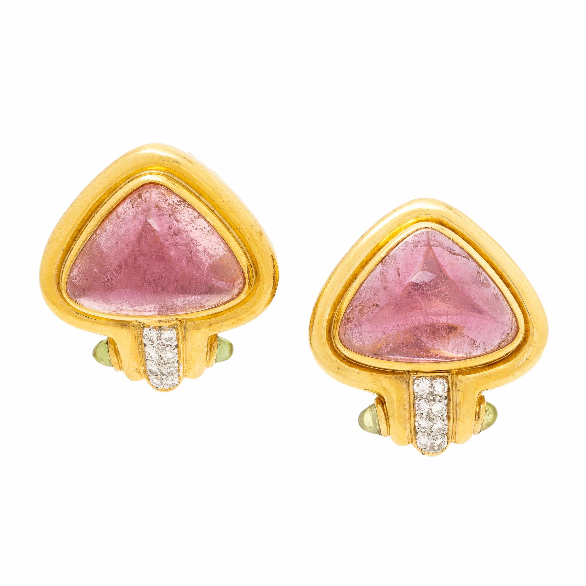 Pink Tourmaline, Peridot, and Diamond Earrings