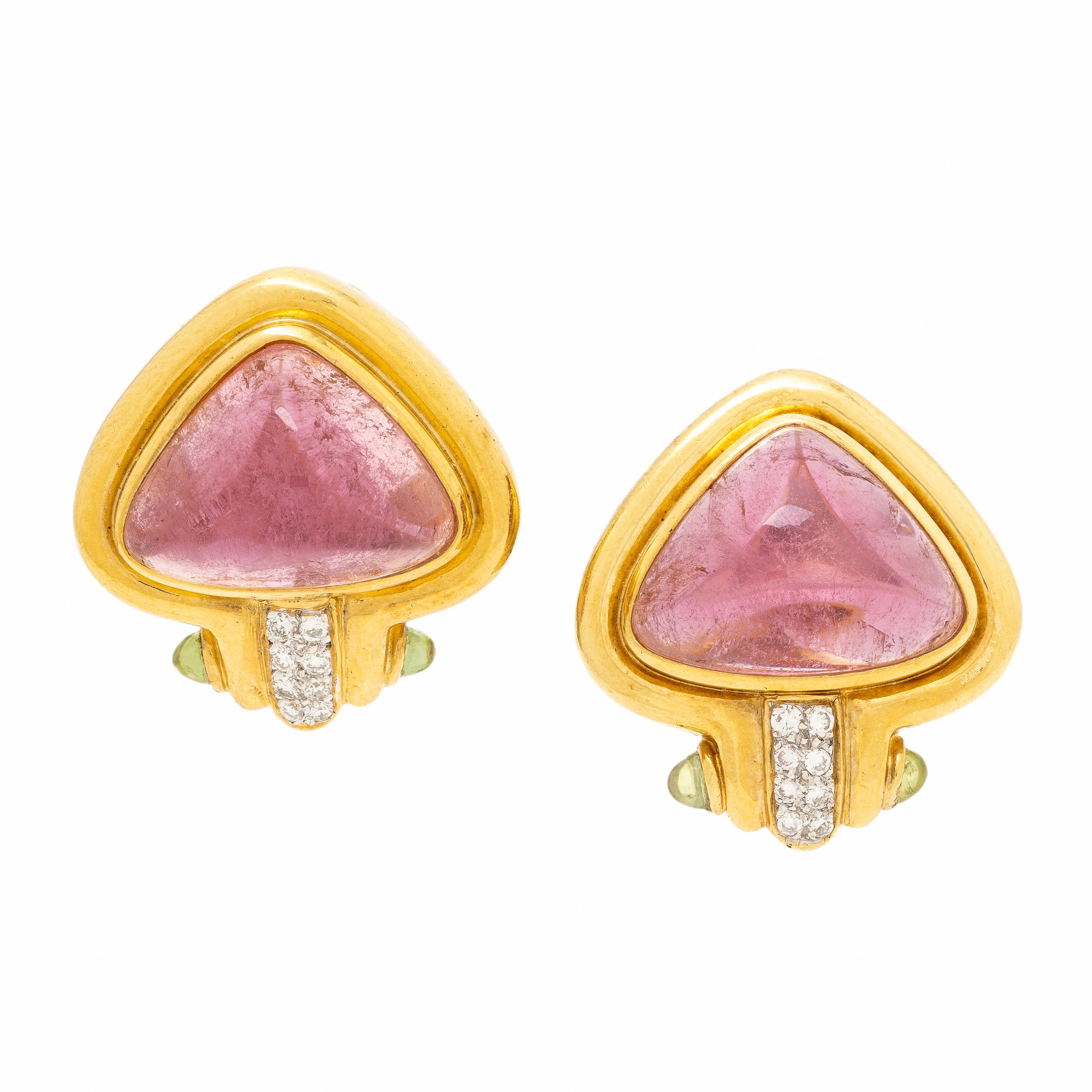 Pink Tourmaline, Peridot, and Diamond Earrings