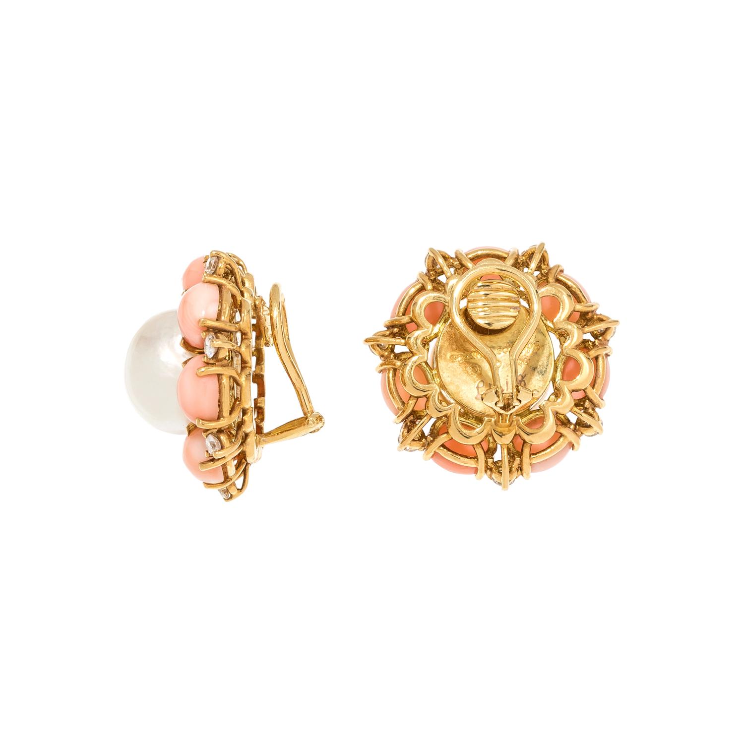 SEAMAN SCHEPPS, CULTURED SOUTH SEA PEARL, CORAL AND DIAMOND EARCLIPS