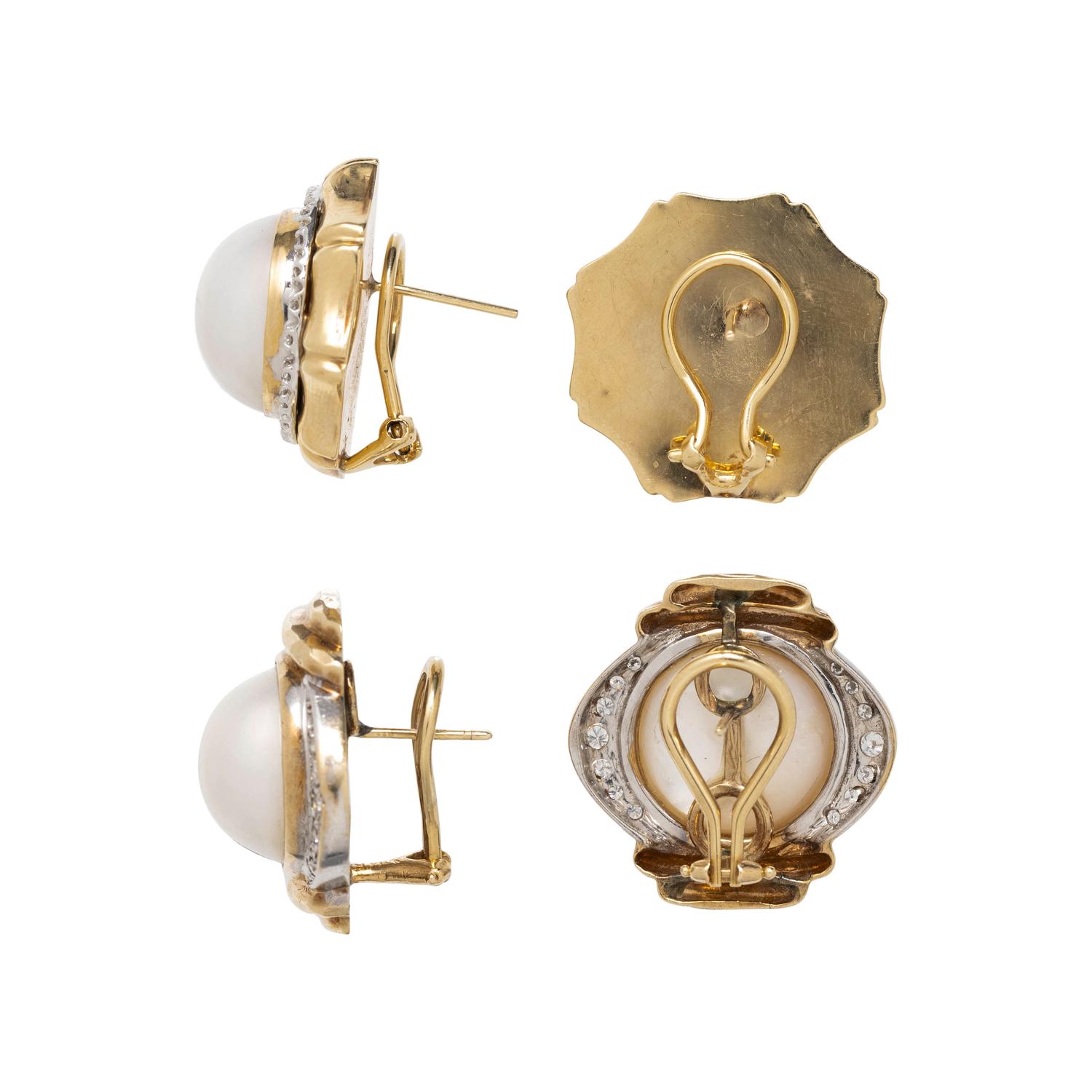 TWO PAIRS OF CULTURED MABE PEARL AND DIAMOND EARCLIPS