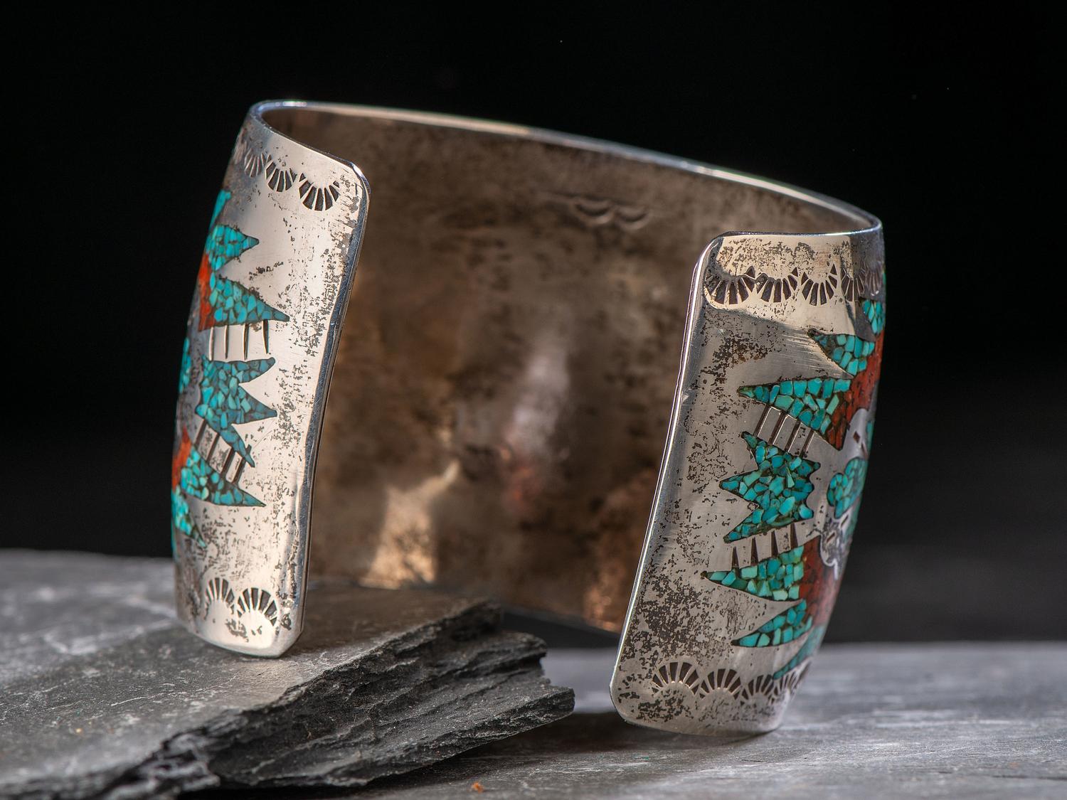 Navajo Silver and Chip Inlay Cuff Bracelet