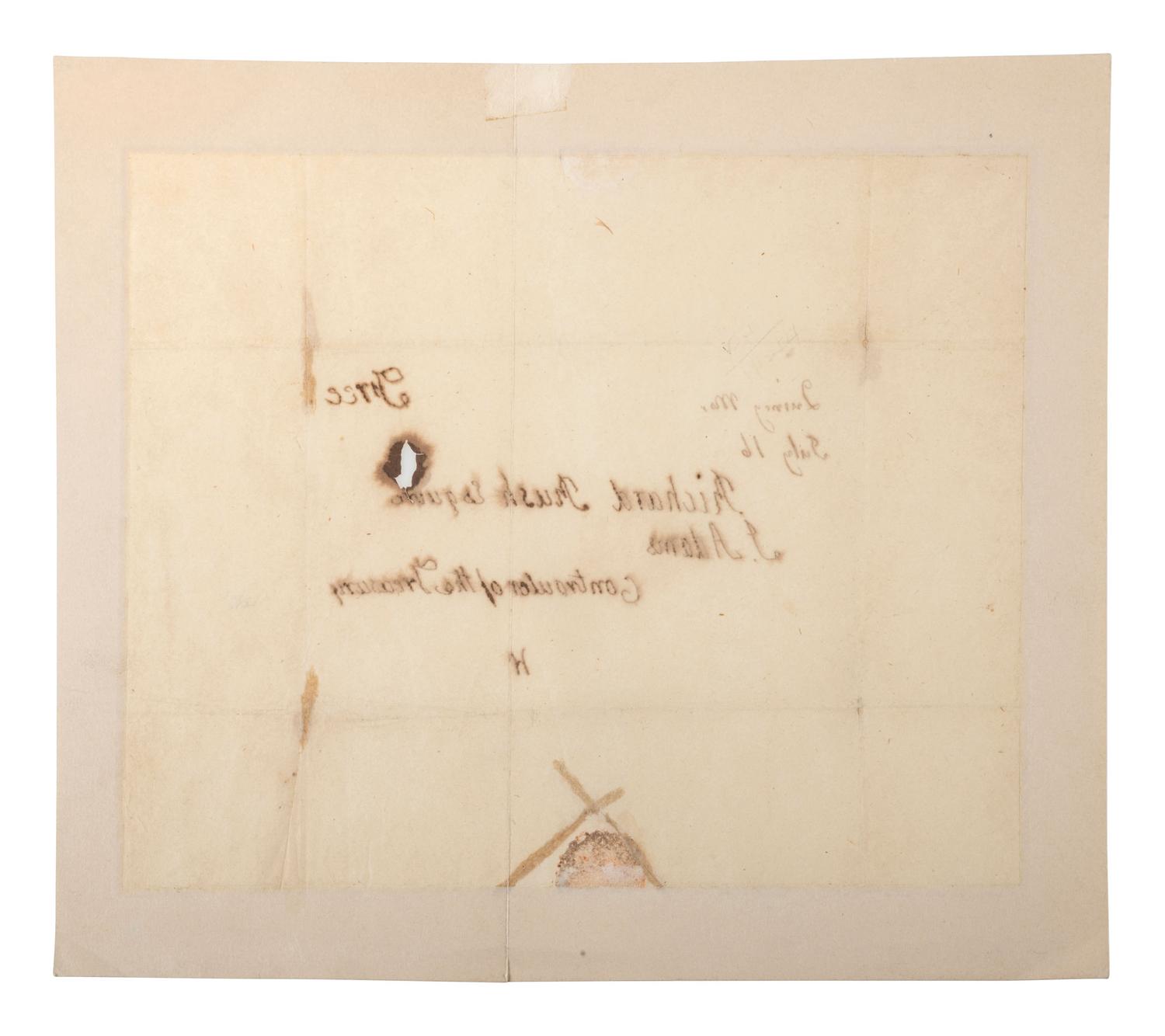 ADAMS, John (1735-1826). Free-franked address panel from an integral leaf ("J. Adams"), to Richard Rush (1780-1859), as Secretary of the Treasury. Quincy, MA, 16 July [1825]. 1 page, 215 x 176 mm, old repairs which have toned, mounted.