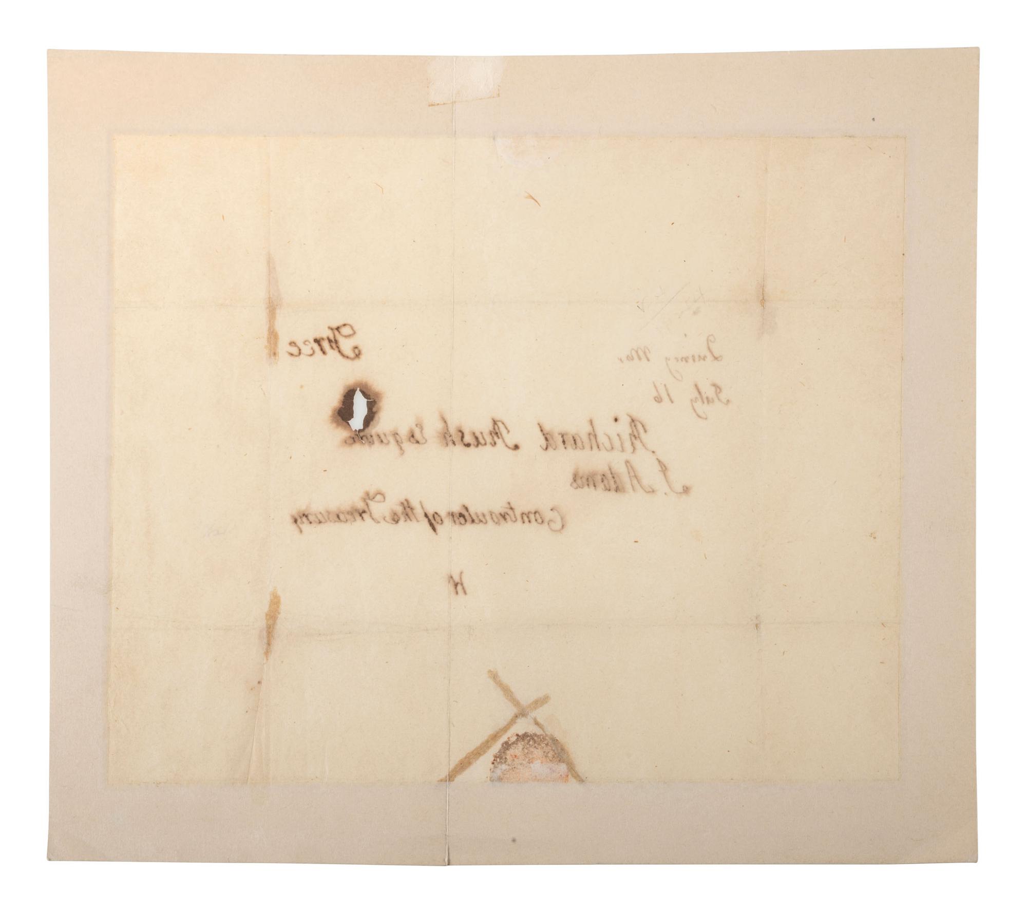 ADAMS, John (1735-1826). Free-franked address panel from an integral leaf ("J. Adams"), to Richard Rush (1780-1859), as Secretary of the Treasury. Quincy, MA, 16 July [1825]. 1 page, 215 x 176 mm, old repairs which have toned, mounted.