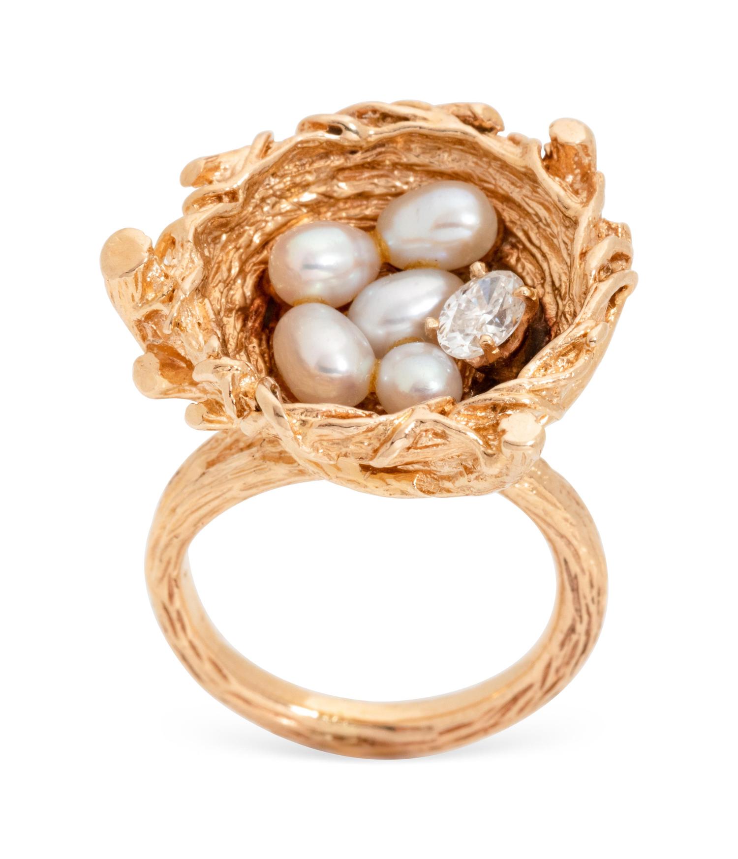 A 14 Karat Yellow Gold, Cultured Pearl and Diamond Bird's Nest Ring,