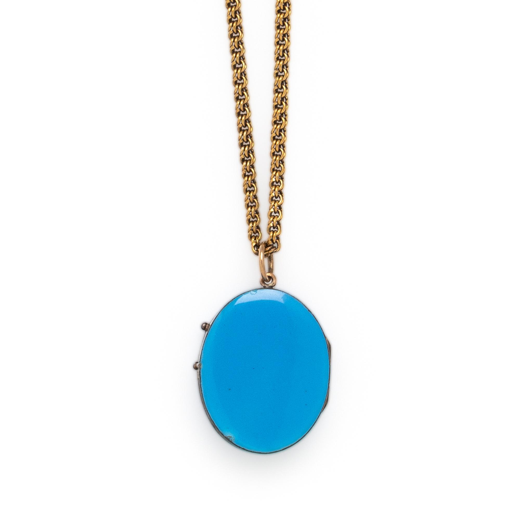 ANTIQUE, ENAMEL AND SEED PEARL LOCKET WITH YELLOW GOLD CHAIN