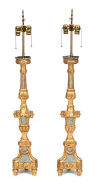 A Pair of Italian Rococo Style Painted and Parcel Gilt Prickets Height 30 inches. — 19TH CENTURY