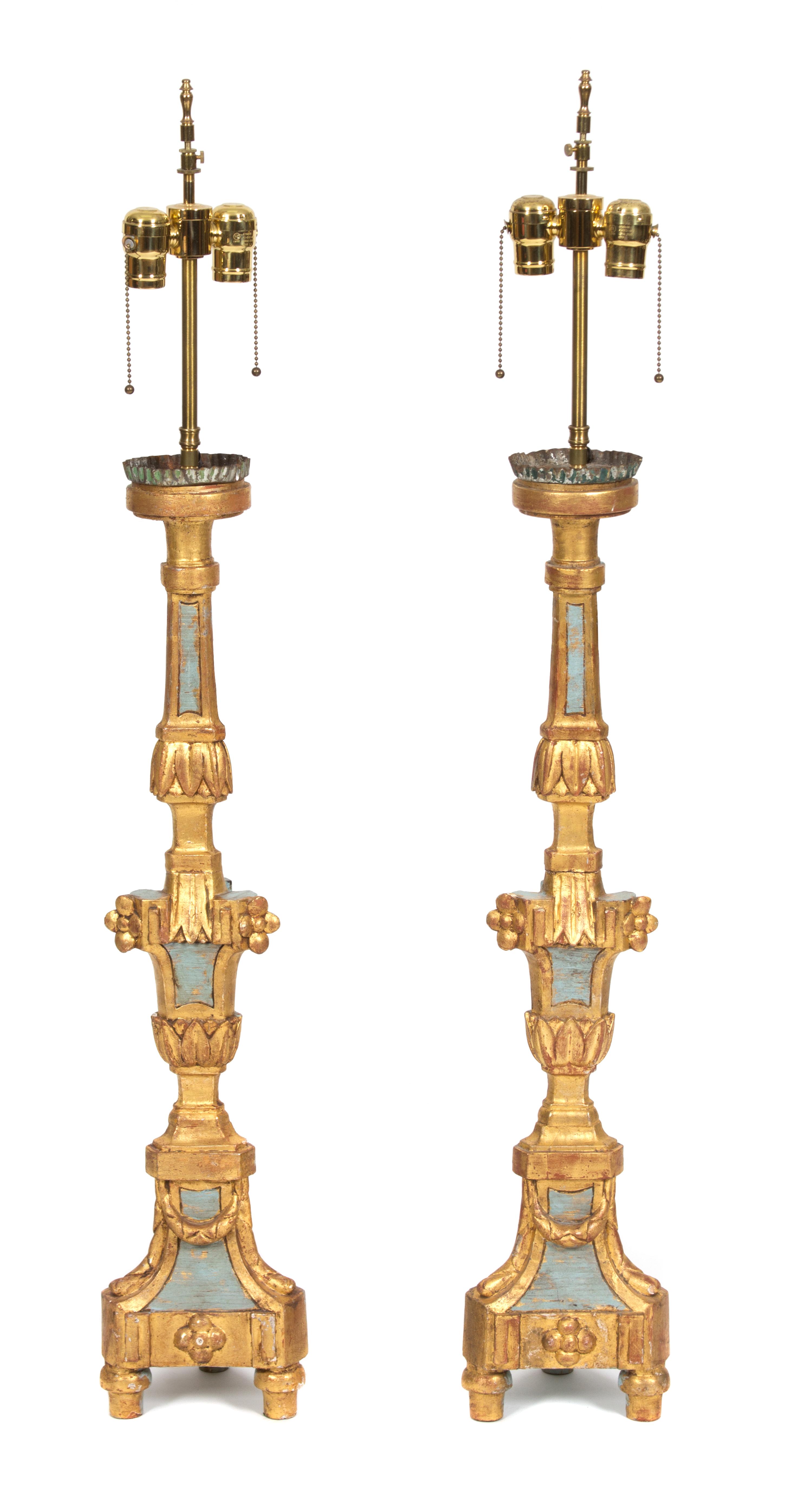 A Pair of Italian Rococo Style Painted and Parcel Gilt Prickets Height 30 inches. — 19TH CENTURY