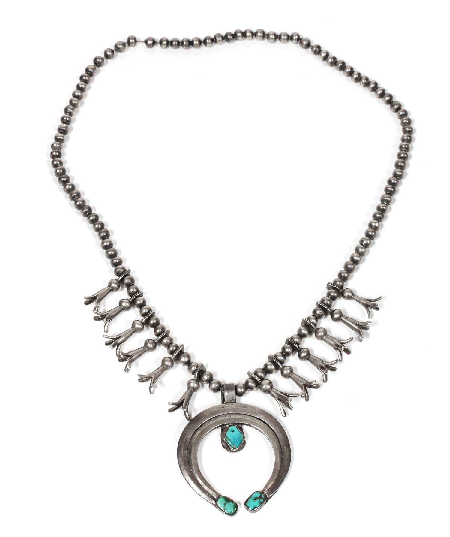 Navajo Silver and Turquoise Squash Blossom Necklace Length 26 inches — Early 20th Century