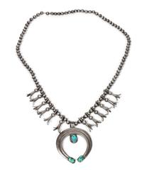 Navajo Silver and Turquoise Squash Blossom Necklace Length 26 inches — Early 20th Century