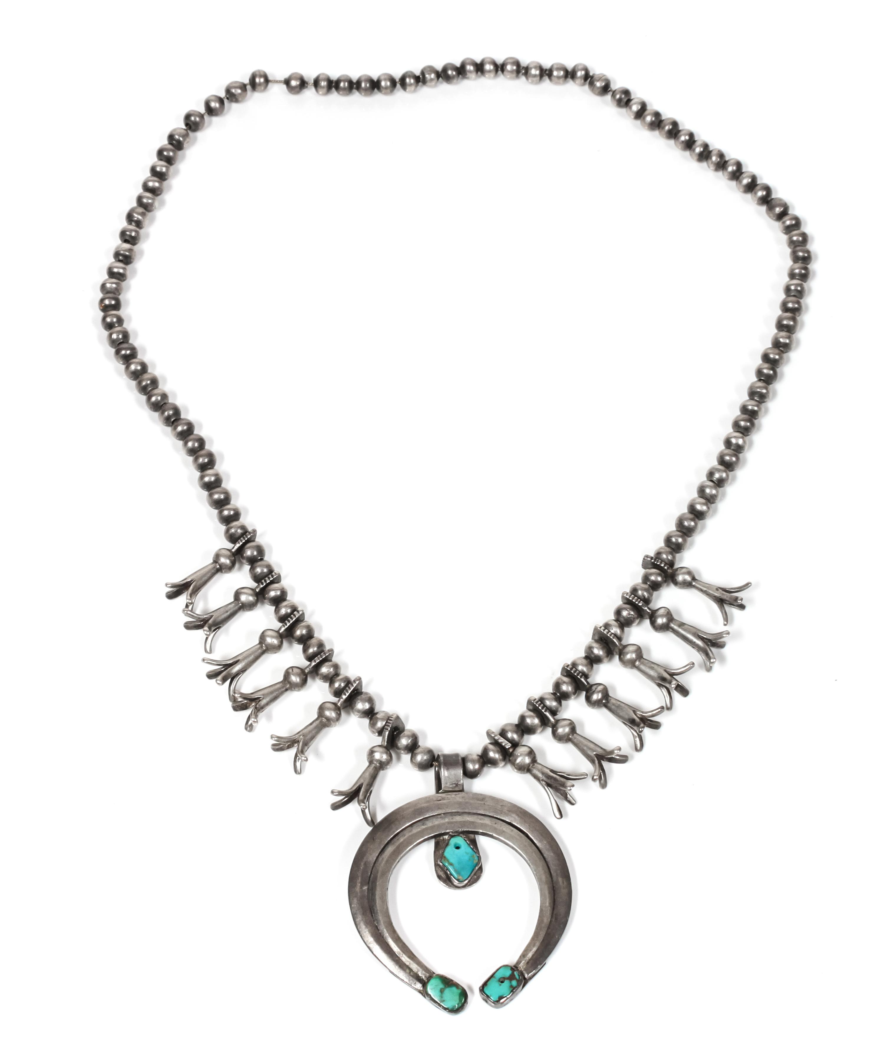 Navajo Silver and Turquoise Squash Blossom Necklace Length 26 inches — Early 20th Century