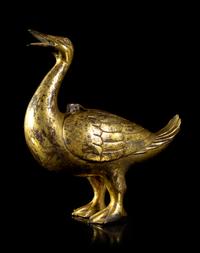 A Gilt Bronze Duck-Form Incense Burner