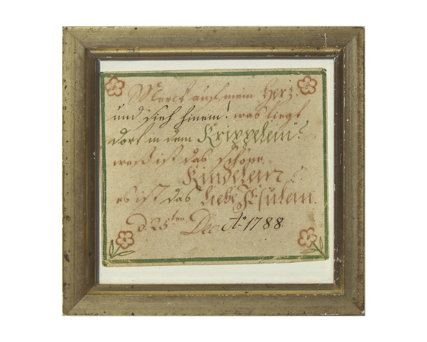 A Rare Moravian Fraktur Christmas Greeting, Attributed to the Christmas Card Artist, Probably Northampton County, Pennsylvania, Dated "1788"