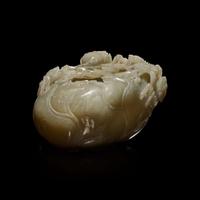 A Chinese carved greyish jade "Lotus, Crab and Fish" large brush washer 灰玉荷塘大洗子