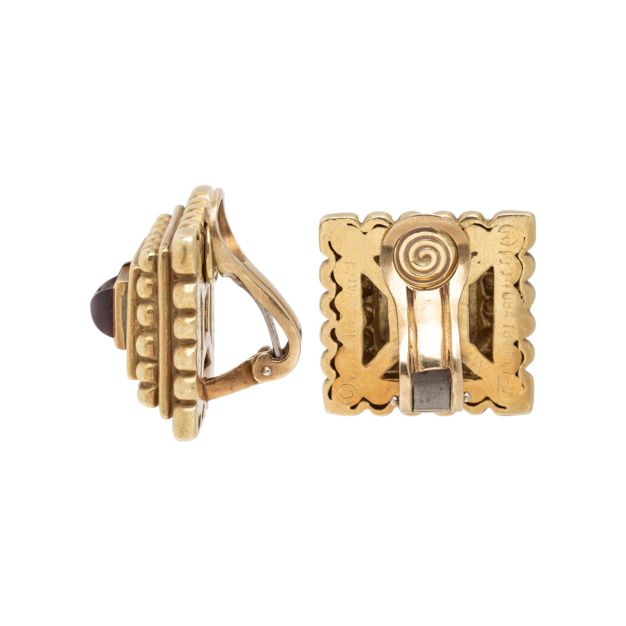 VAHE NALTCHAYAN, YELLOW GOLD AND RHODOLITE GARNET EARRINGS