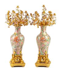 A Pair of Monumental French Gilt Bronze and Porcelain Mounted Candelabra Height 54 inches.