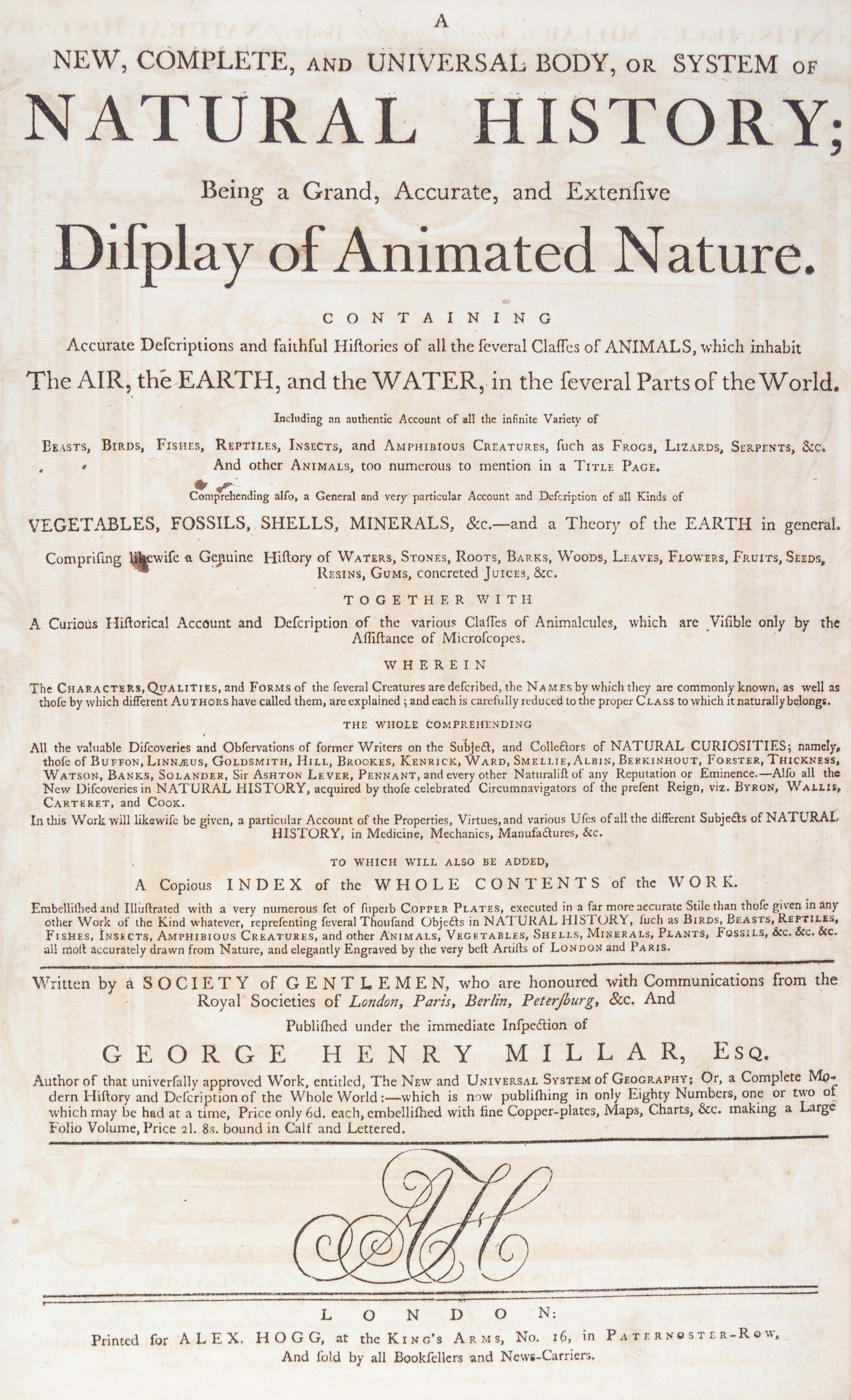 MILLAR, G.H. A New...System of Natural History... London, [1785] With 85 engraved plates.