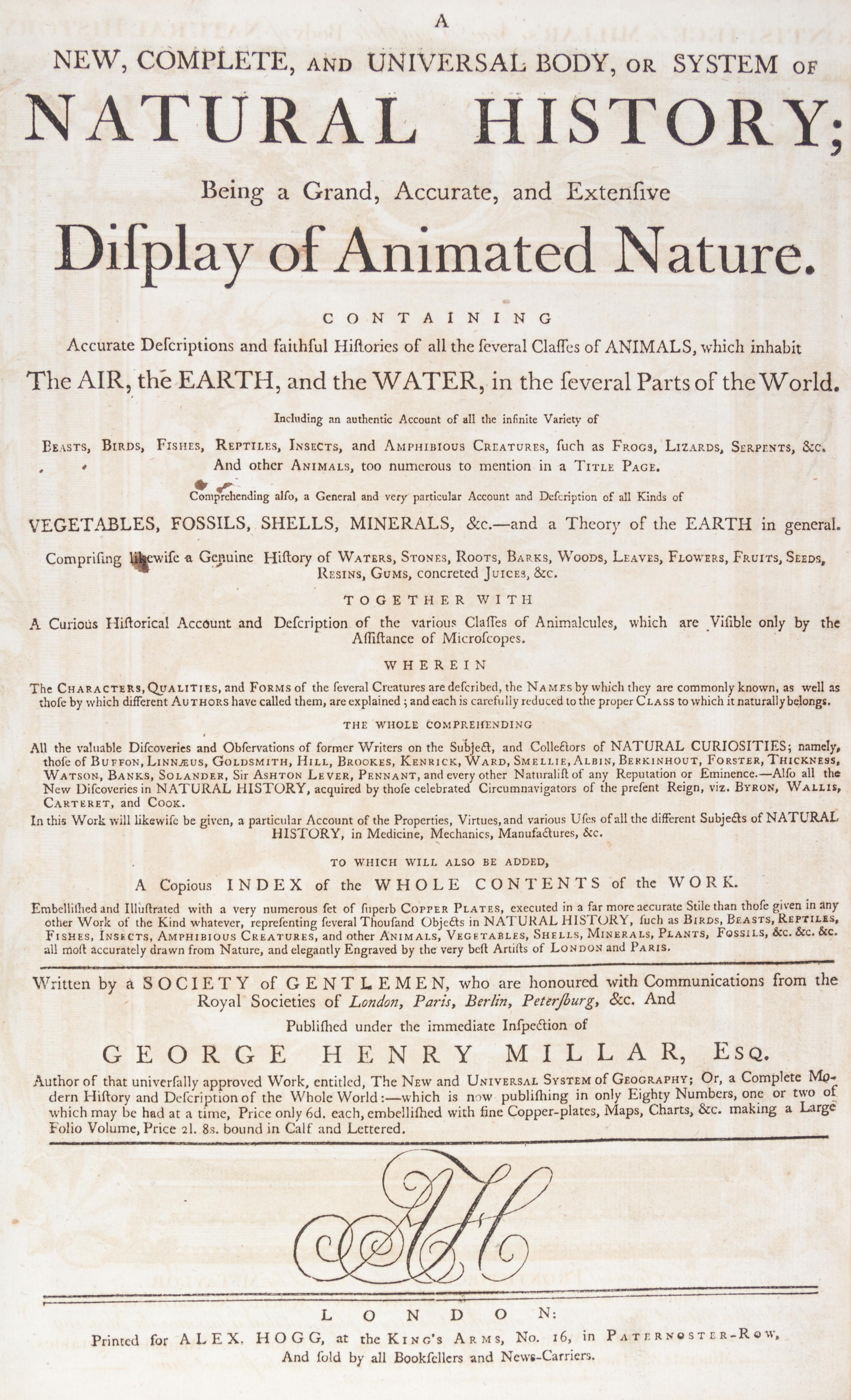 MILLAR, G.H. A New...System of Natural History... London, [1785] With 85 engraved plates.