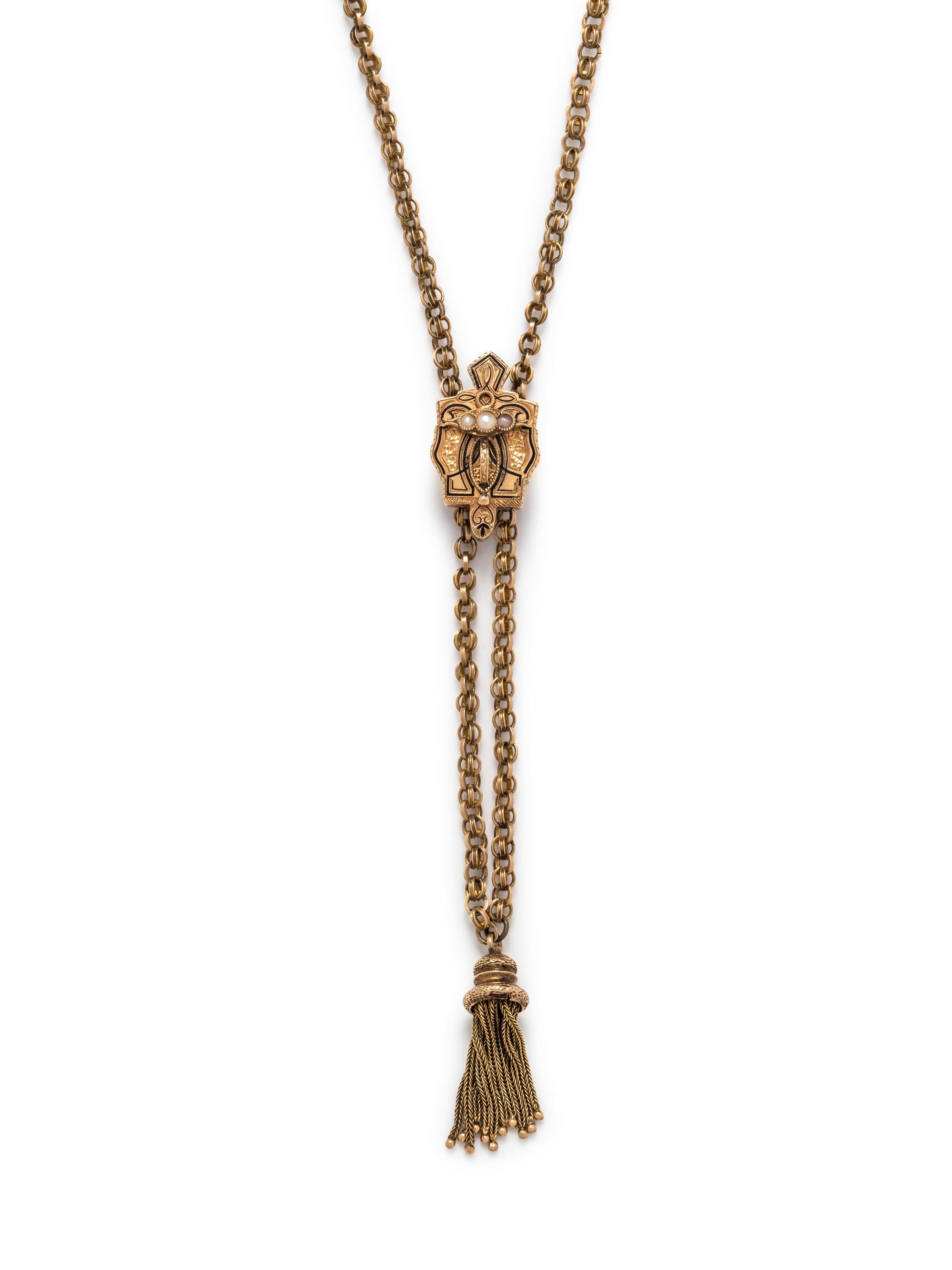 Victorian, Seed Pearl and Enamel Longchain and Slide Necklace