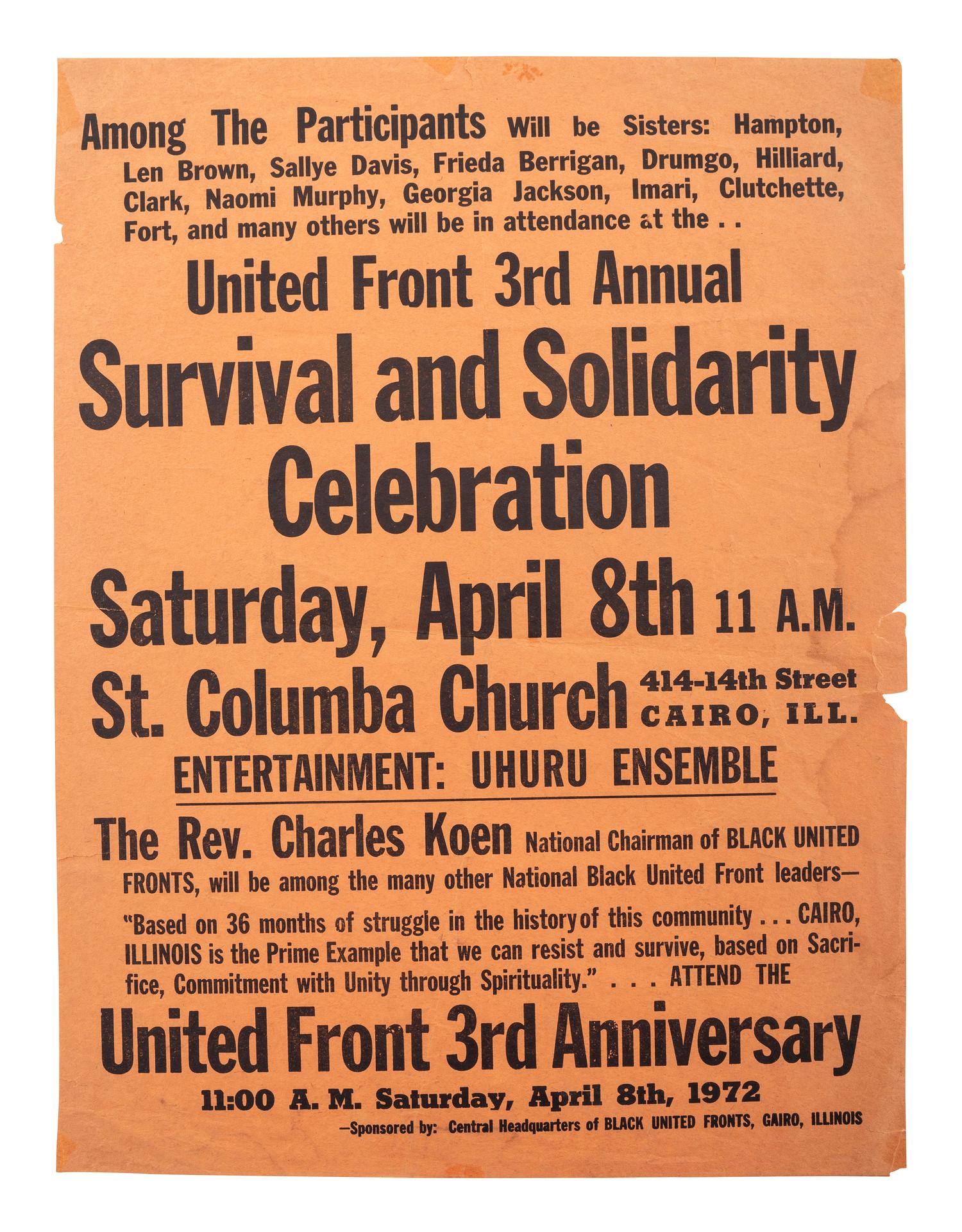 [CIVIL RIGHTS]. United Front 3rd Annual Survival and Solidarity Celebration . Cairo, IL: Black United Fronts, 8 April 1972.
