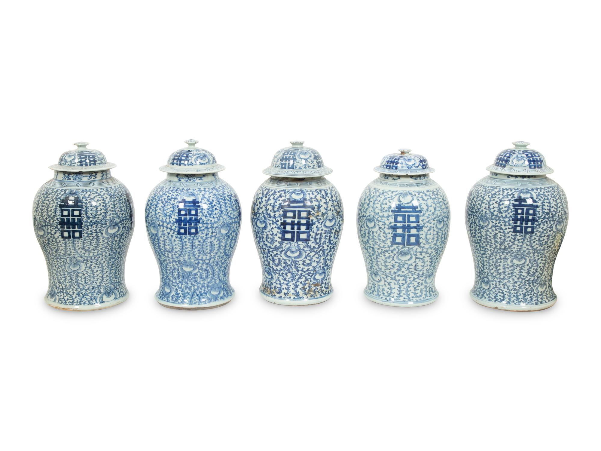 Five Chinese Blue and White Covered Ginger Jars