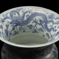 A Rare Chinese Blue and White Porcelain 'Dragon' Spittoon, Zhadou, Zhengde Mark and Period 明正德 青花穿花龍紋渣斗