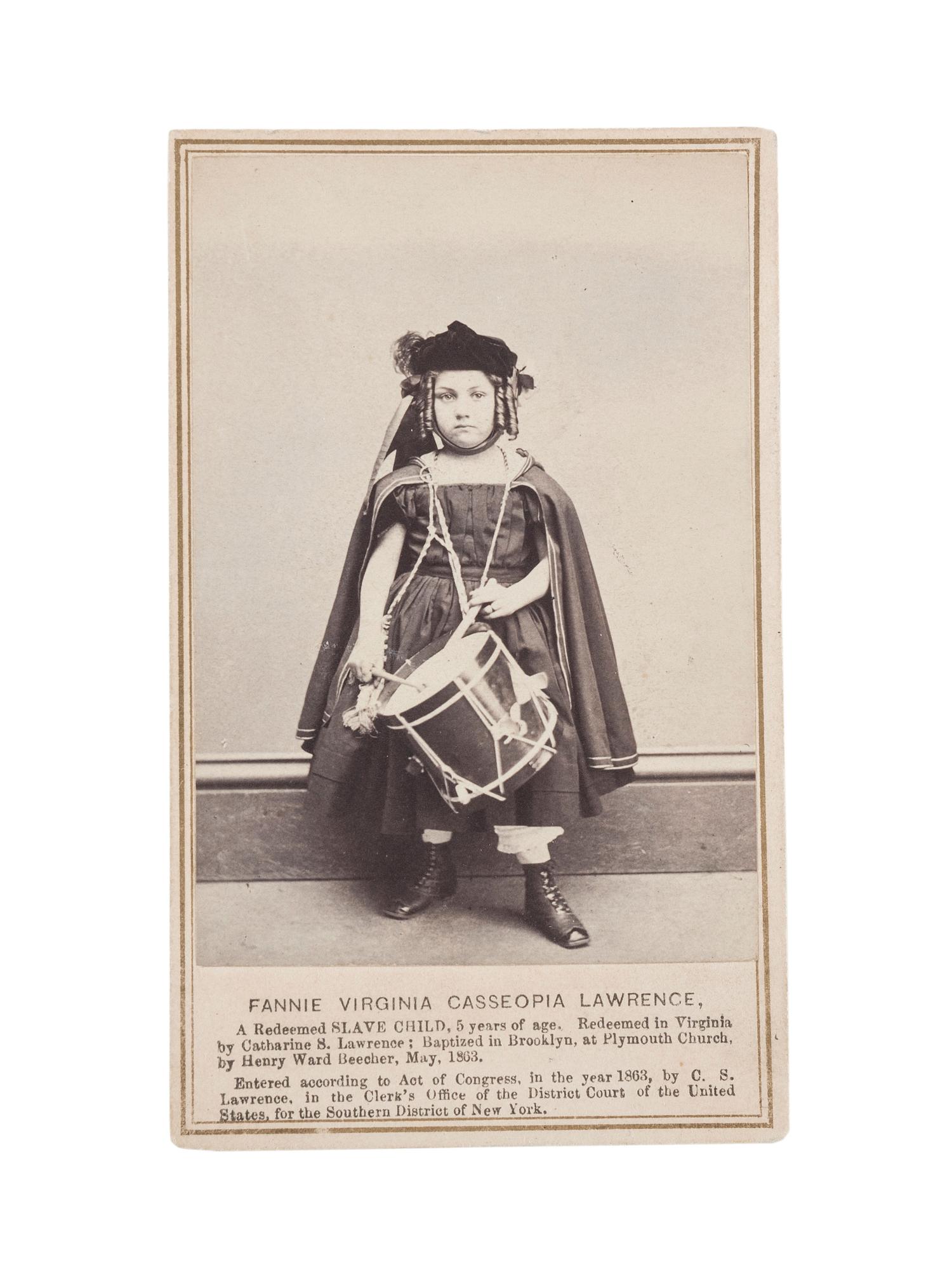 [SLAVERY & ABOLITION]. KELLOGG BROTHERS, photographers. CDV of "Redeemed Slave Child" Fannie Virginia Casseopia Lawrence. New York: C.S. Lawrence, 1863.