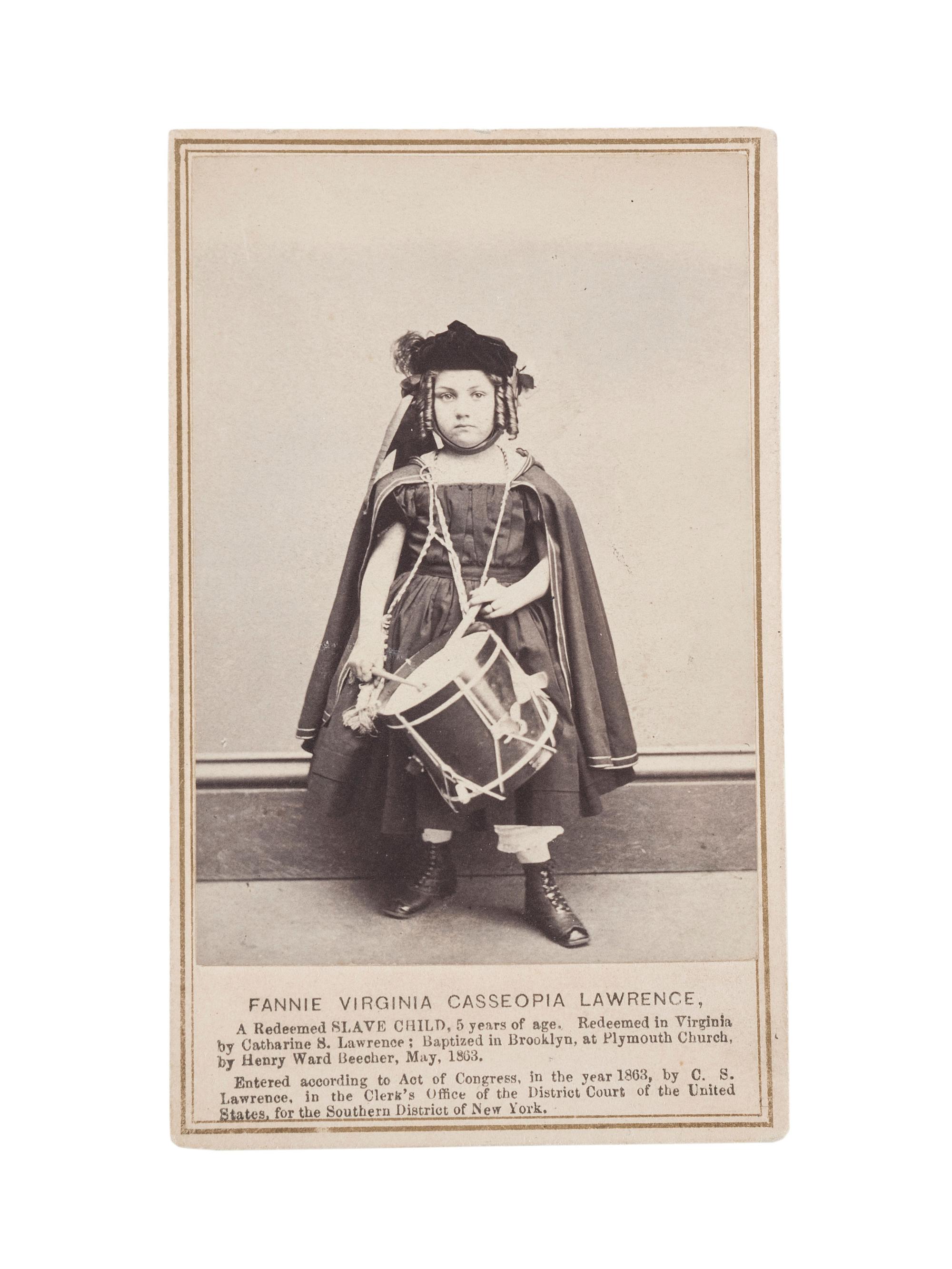 [SLAVERY & ABOLITION]. KELLOGG BROTHERS, photographers. CDV of "Redeemed Slave Child" Fannie Virginia Casseopia Lawrence. New York: C.S. Lawrence, 1863.