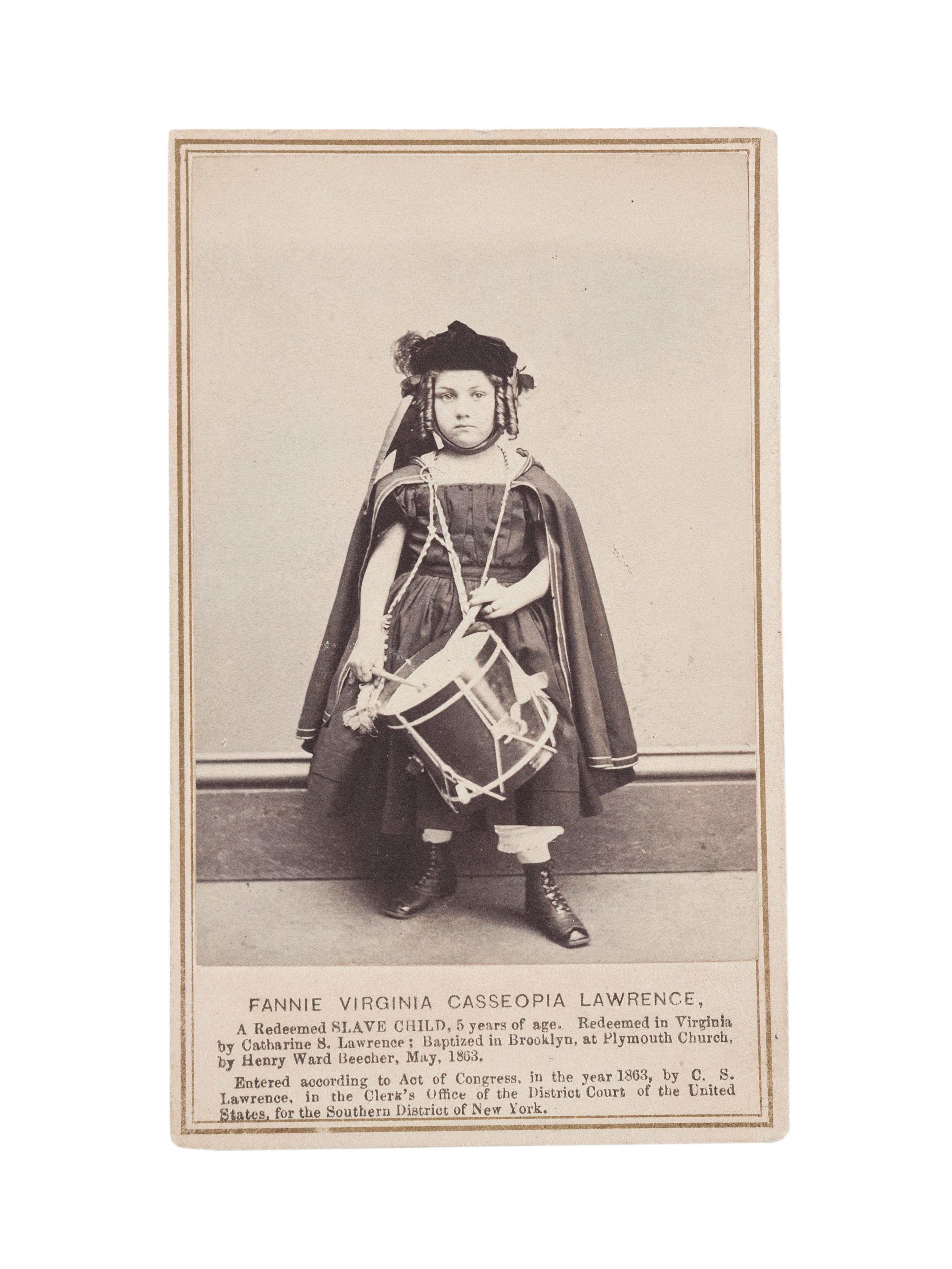 [SLAVERY & ABOLITION]. KELLOGG BROTHERS, photographers. CDV of "Redeemed Slave Child" Fannie Virginia Casseopia Lawrence. New York: C.S. Lawrence, 1863.