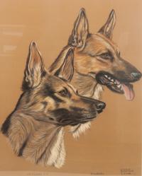 Two Works of Art depicting German Shepherds Larger: 20 x 16 inches.