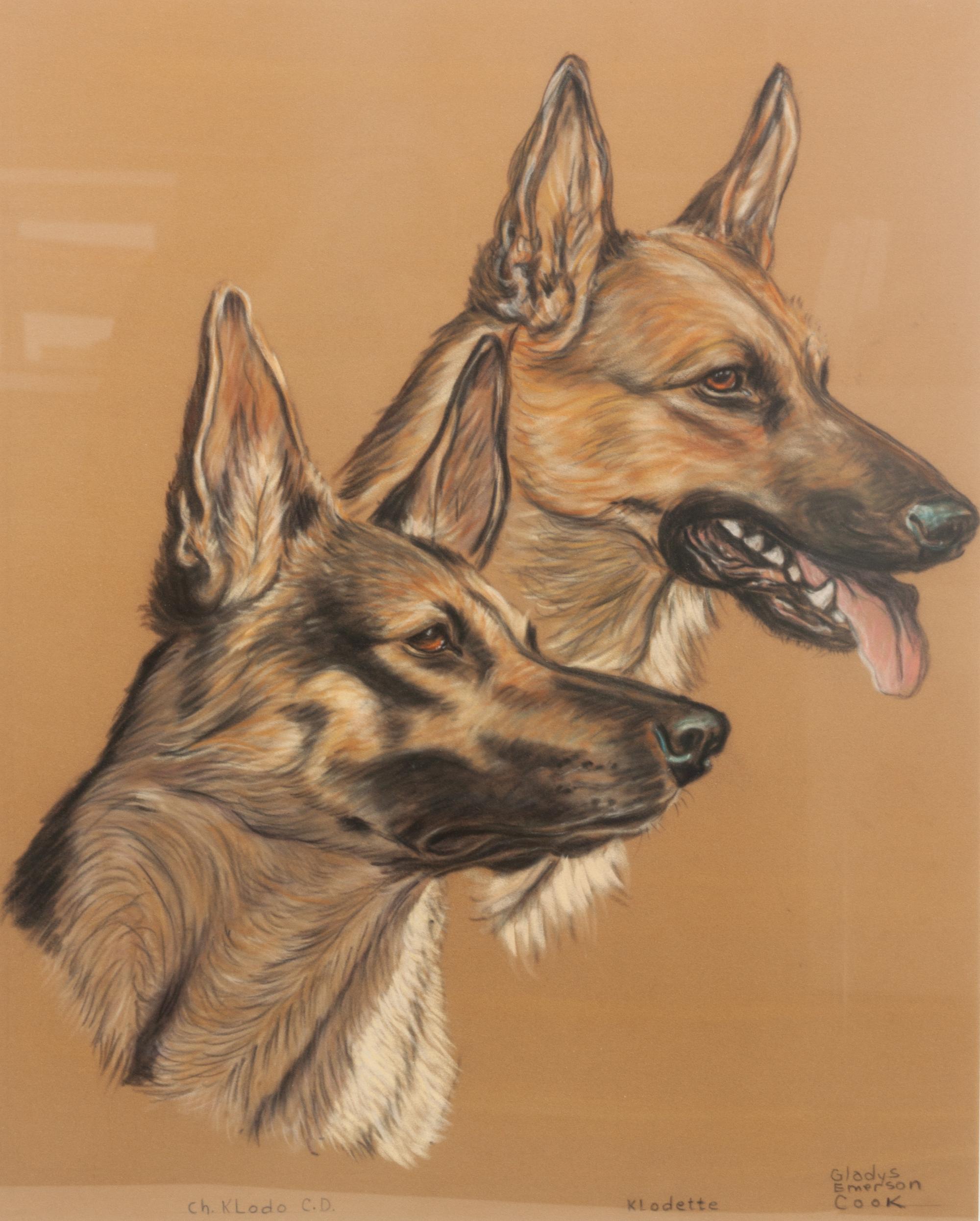 Two Works of Art depicting German Shepherds Larger: 20 x 16 inches.