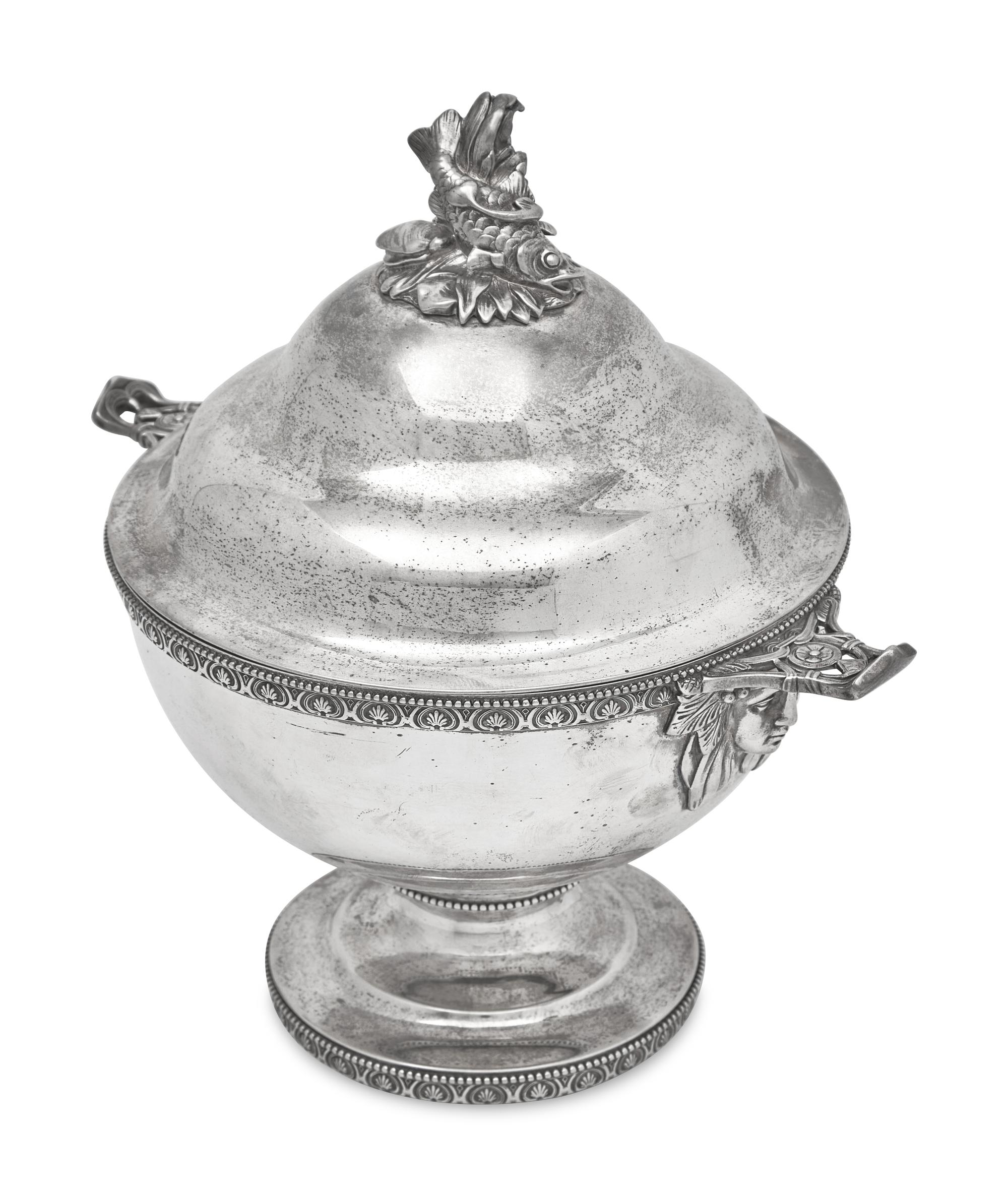 A Sterling Silver Footed and Covered Bowl with Fish Finial, John C. Moore & Son, Tiffany & Co., New York, NY, 1854-1869