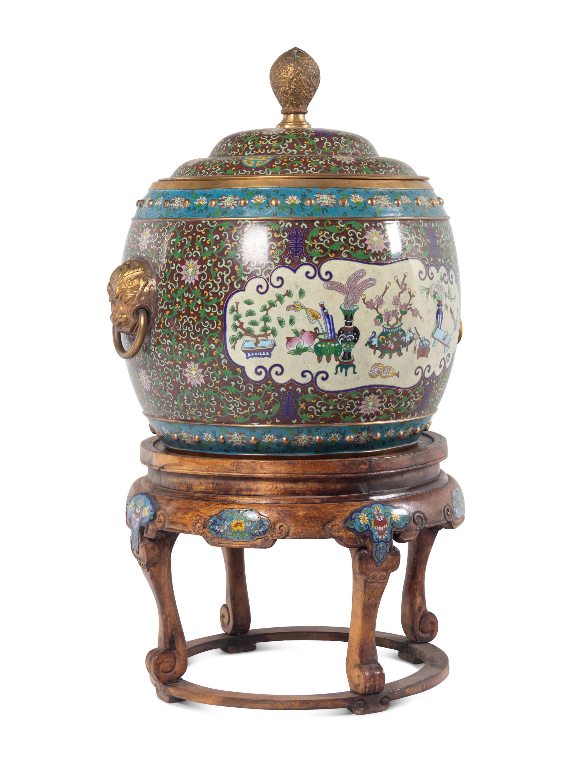 A Large Chinese Cloisonné Enamel Covered Jar and A Hardwood Stand