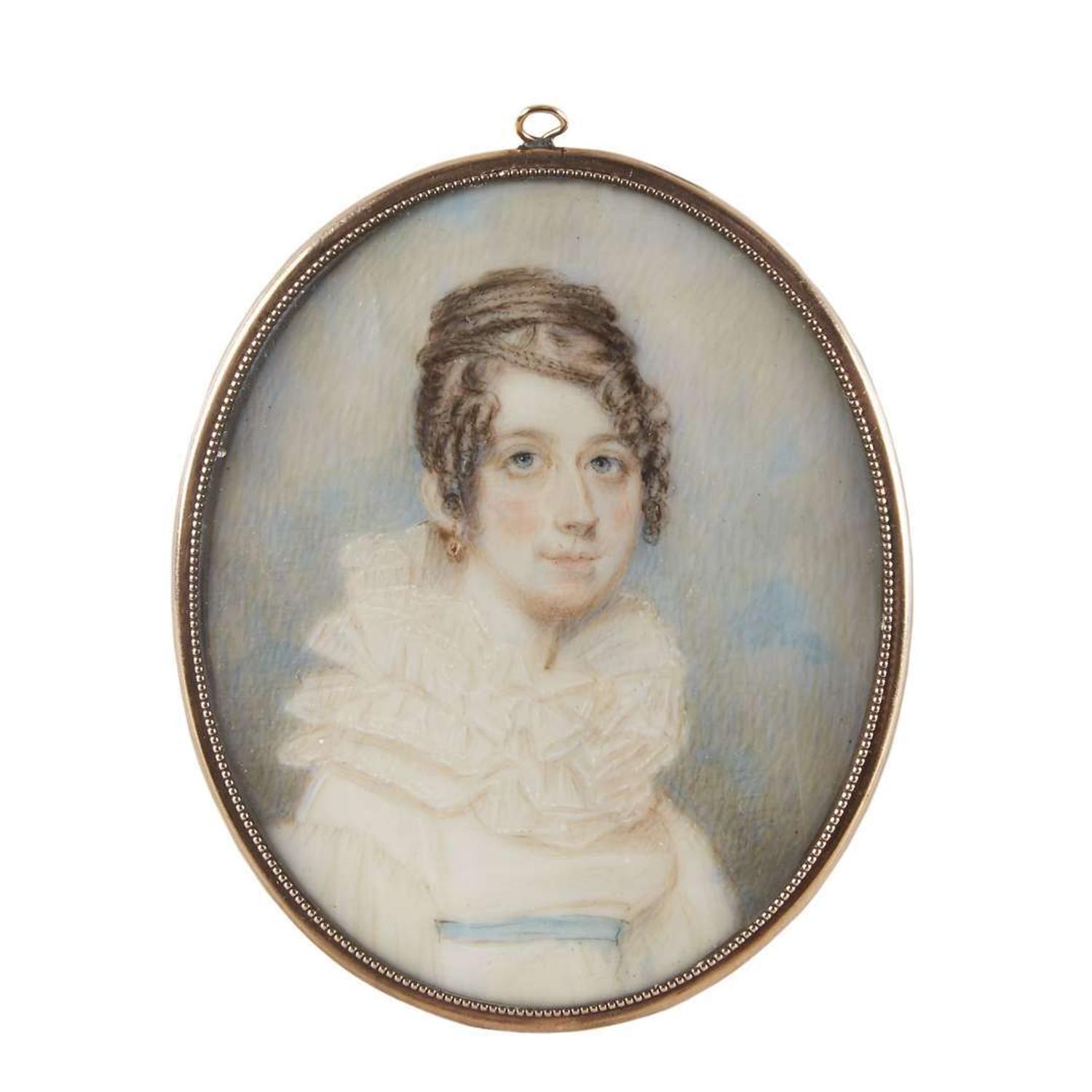 American School 19th century Portrait miniature of an elegant young lady in white