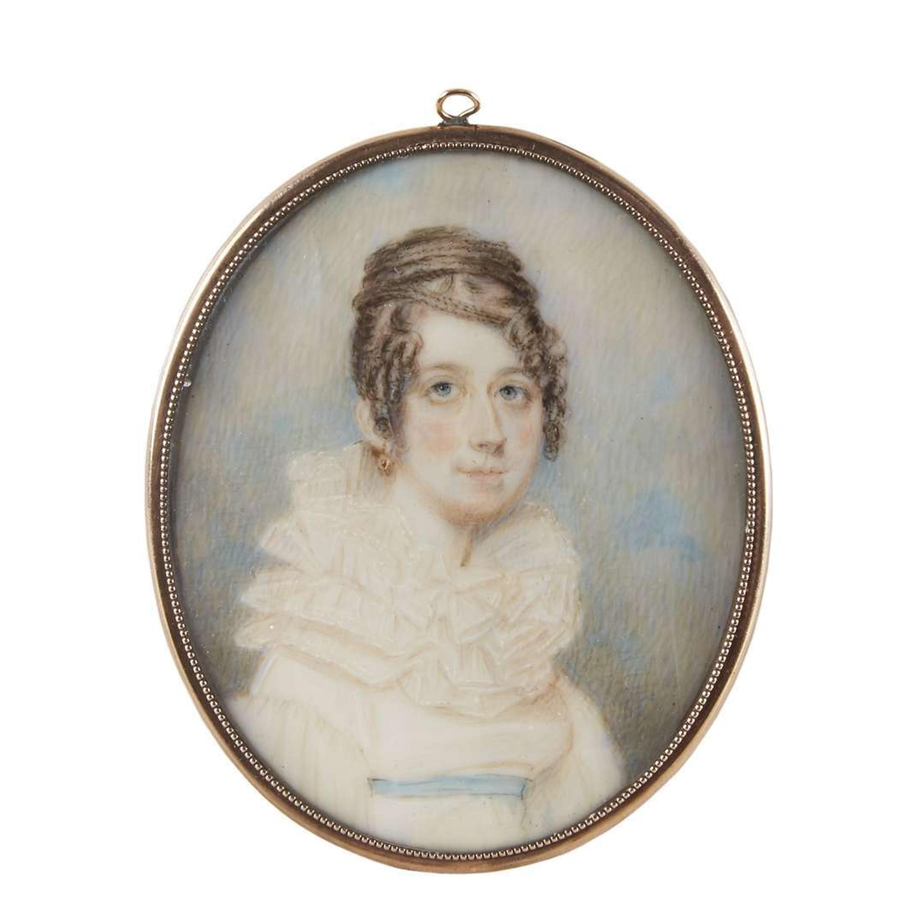 American School 19th century Portrait miniature of an elegant young lady in white