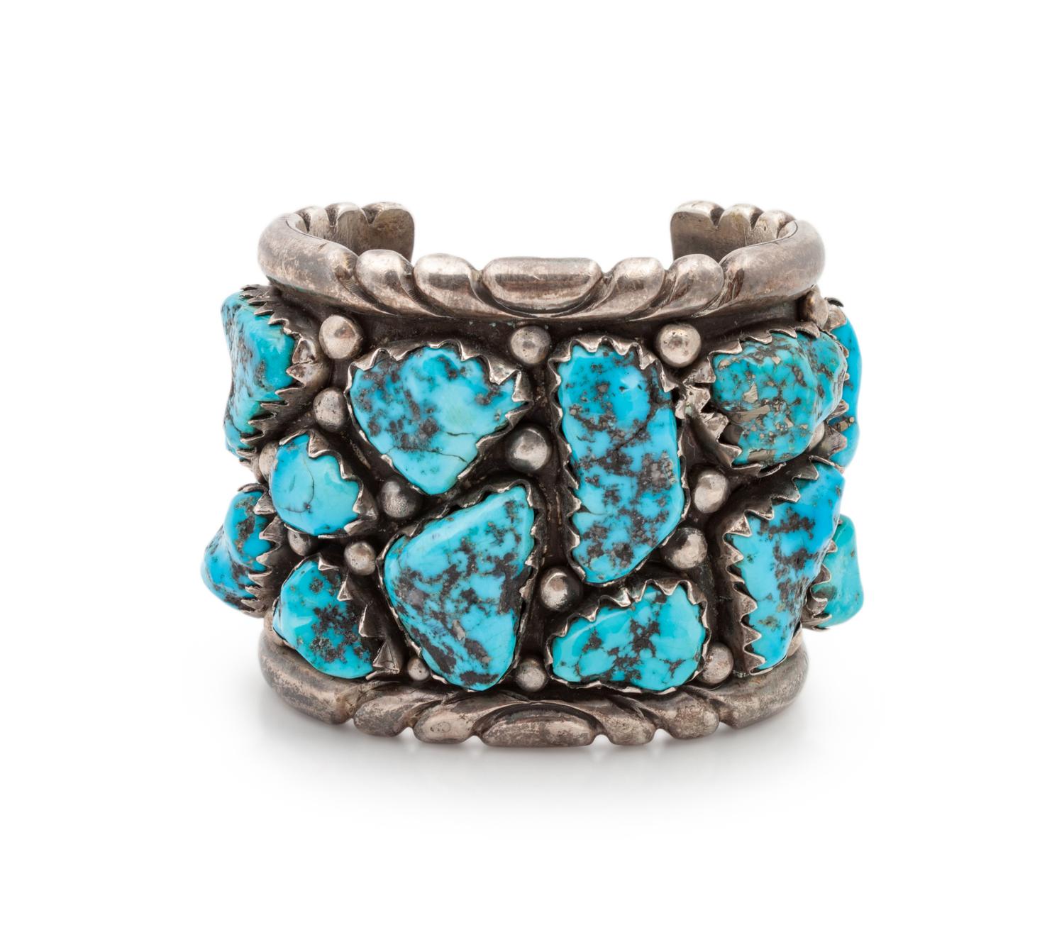 Heavy Navajo Silver and Turquoise Nugget Cuff Bracelet