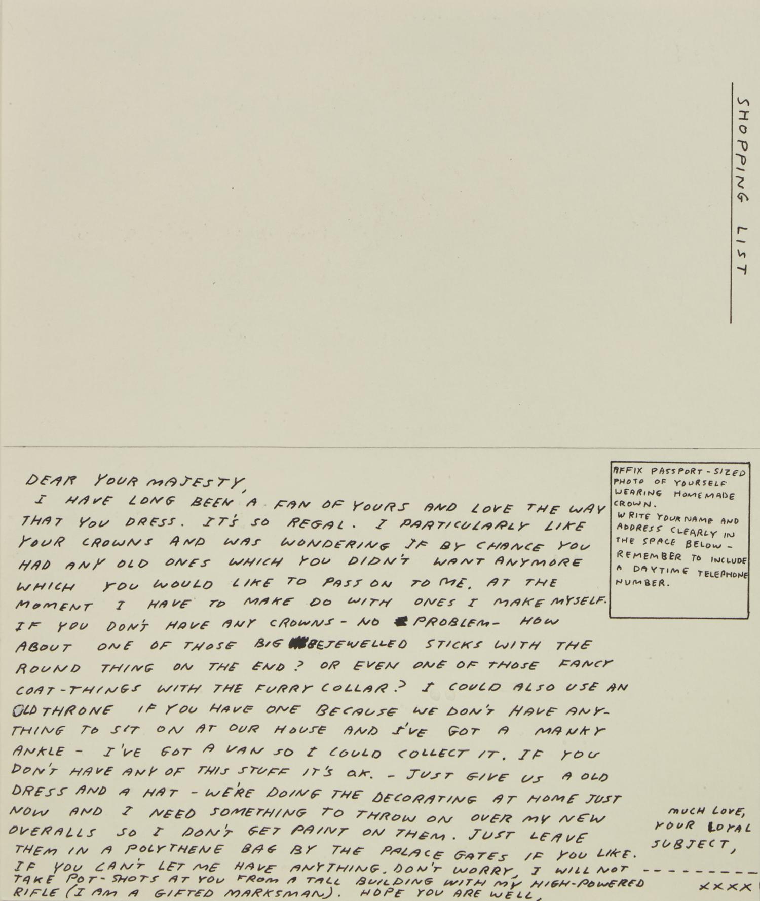 Untitled (Bam!) , 1997, Untitled (Draughtsman takes a shower) , 1997, Untitled (Dear Your Majesty) , 1997-99, Untitled (Trademarks) , 1999, Untitled (Crossword) , 1998 and Untitled , 2003 (a group of 6 works)