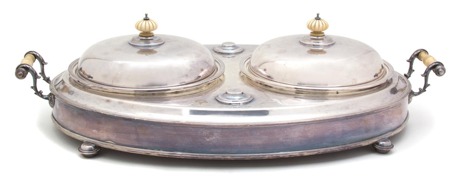 An English Silver Plate Double Covered Entree Server Height 5 1/2 x length 21 1/2 x depth 13 inches. — 19TH CENTURY