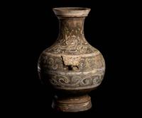 A Chinese Polychrome Painted Grey Pottery Hu, Han Dynasty 漢 彩繪灰陶壺