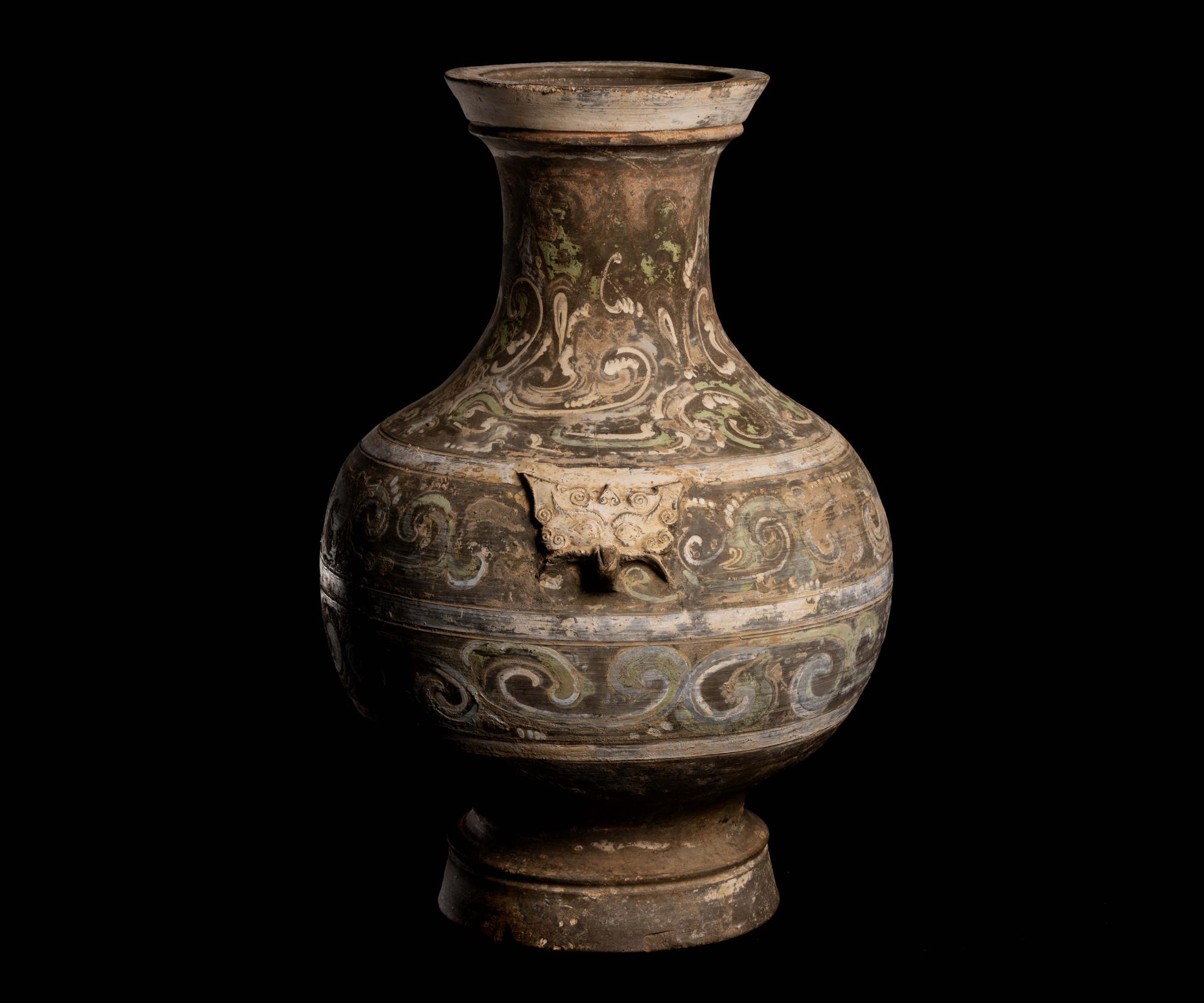 A Chinese Polychrome Painted Grey Pottery Hu, Han Dynasty 漢 彩繪灰陶壺