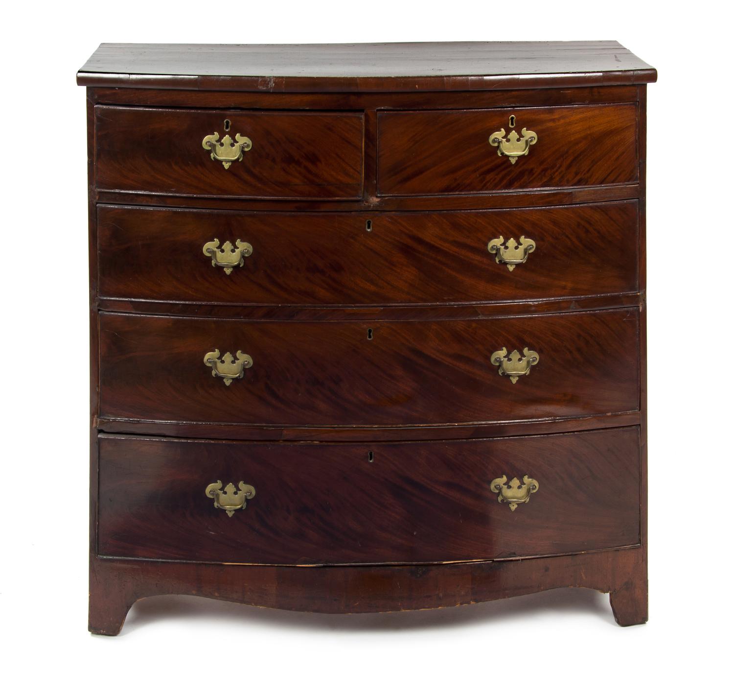 An American Mahogany Bow Front Chest of Drawers, Height 40 3/4 x width 41 x depth 19 inches.