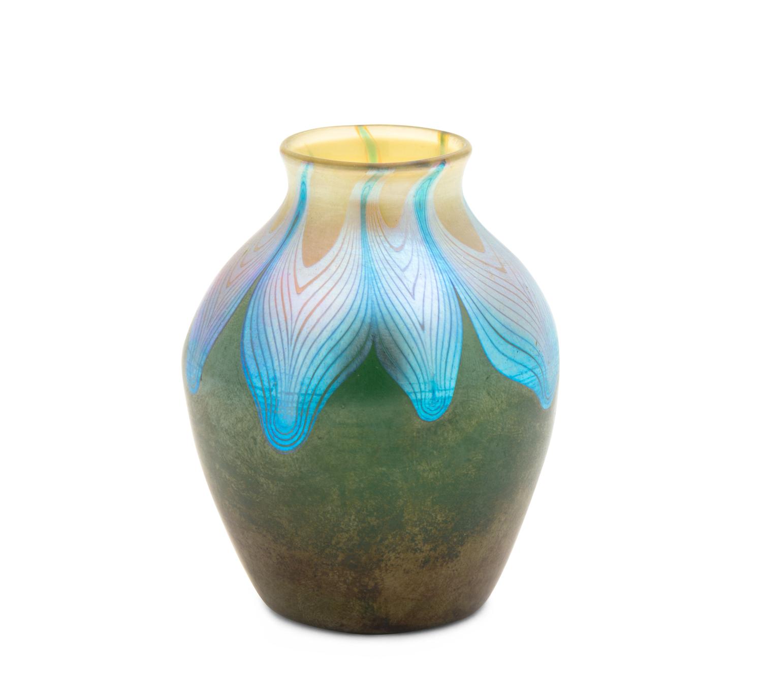 A Tiffany Studios Favrile Glass Cabinet Vase Height 2 3/4 inches.