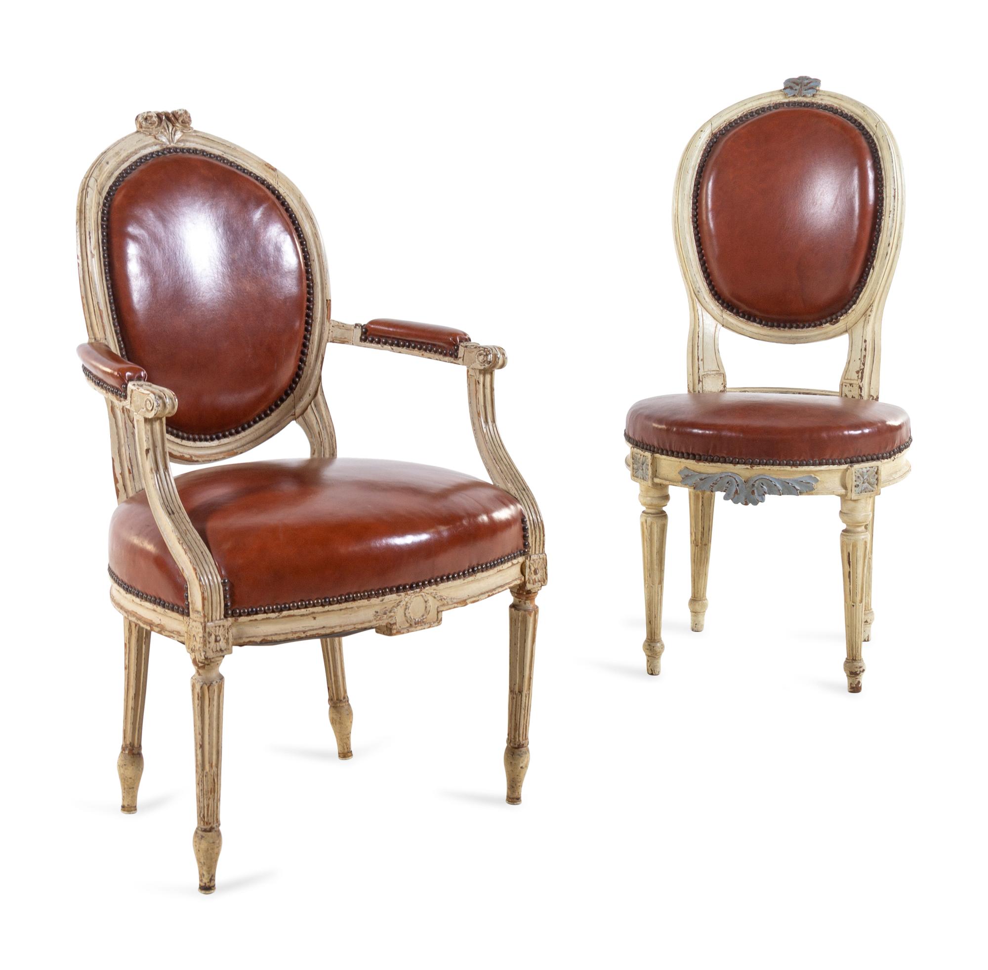 An Assembled Set of Eight Gustavian Cream-Painted Dining Chairs