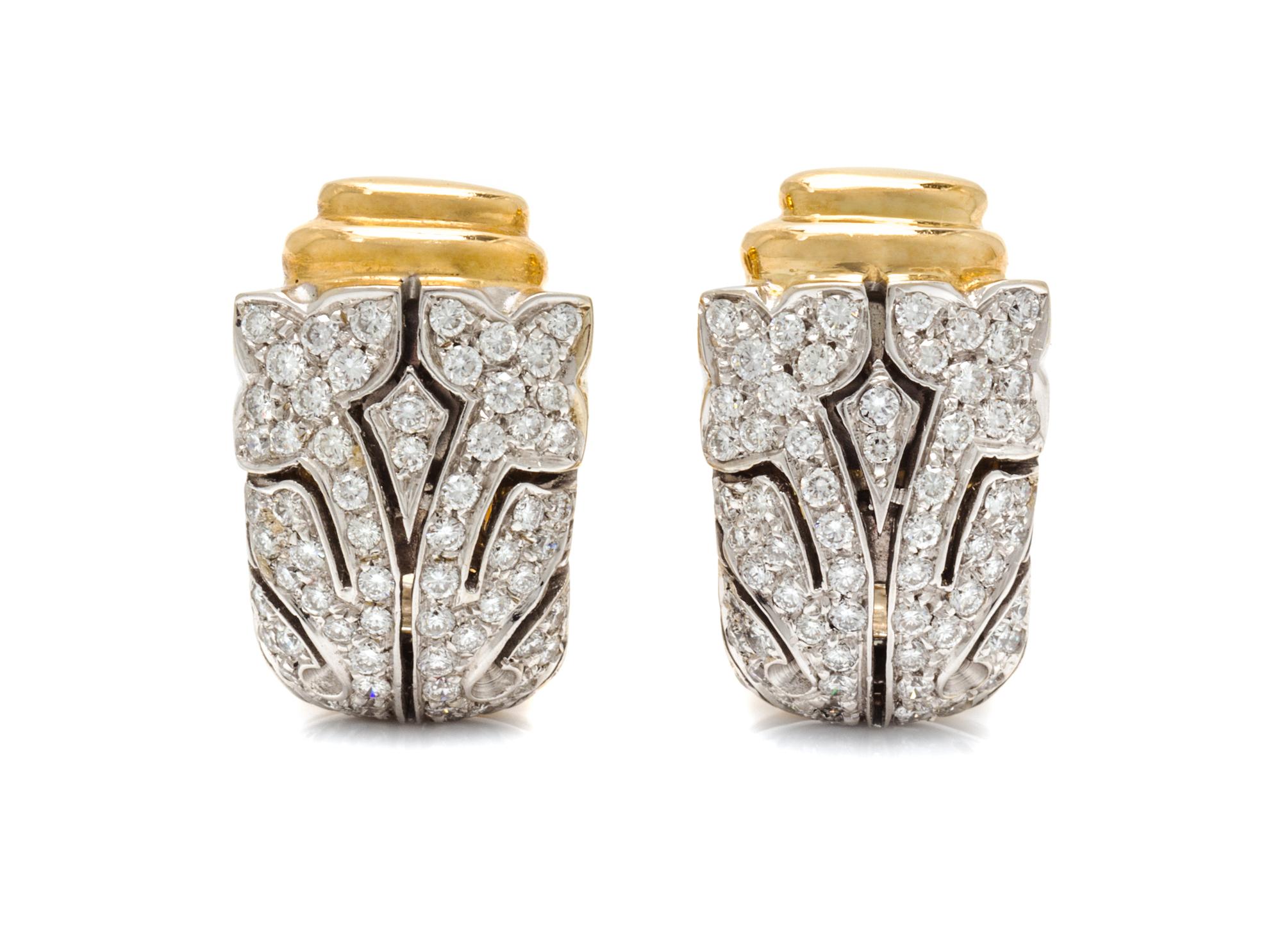 A Pair of 18 Karat Bicolor Gold and Diamond Earclips, 9.20 dwts.
