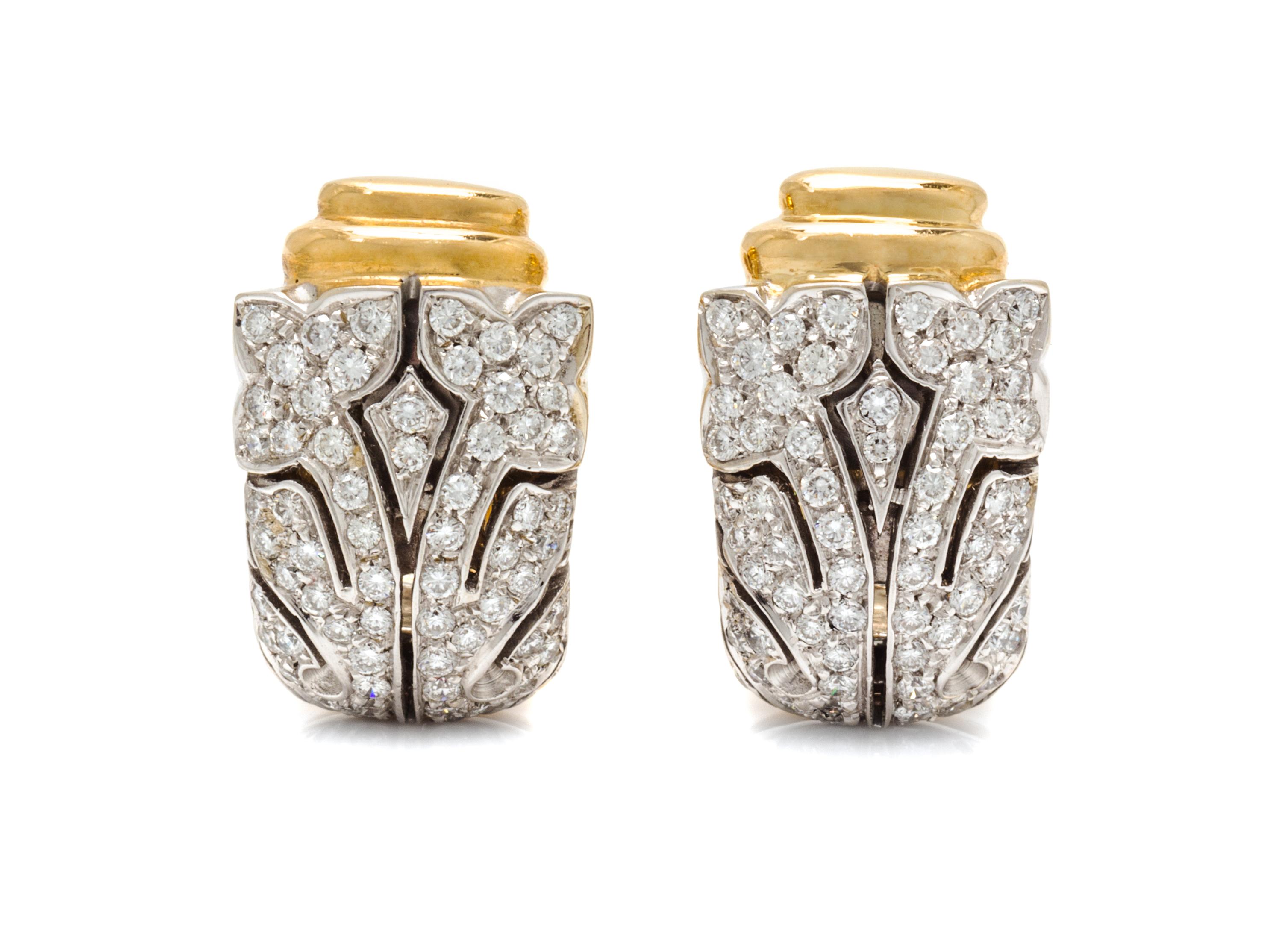 A Pair of 18 Karat Bicolor Gold and Diamond Earclips, 9.20 dwts.