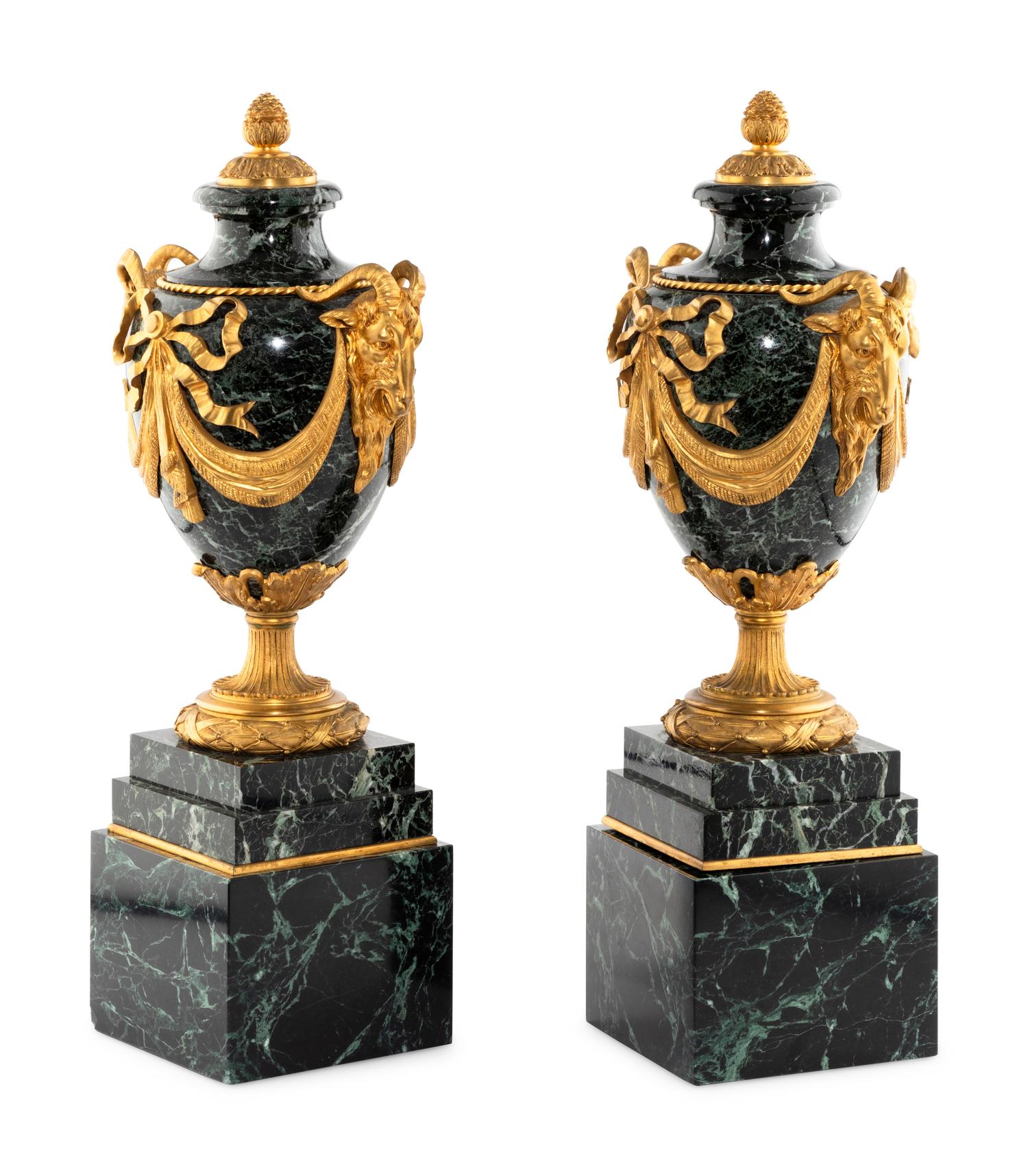 A Pair of French Gilt Bronze and Marble Urns