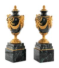 A Pair of French Gilt Bronze and Marble Urns