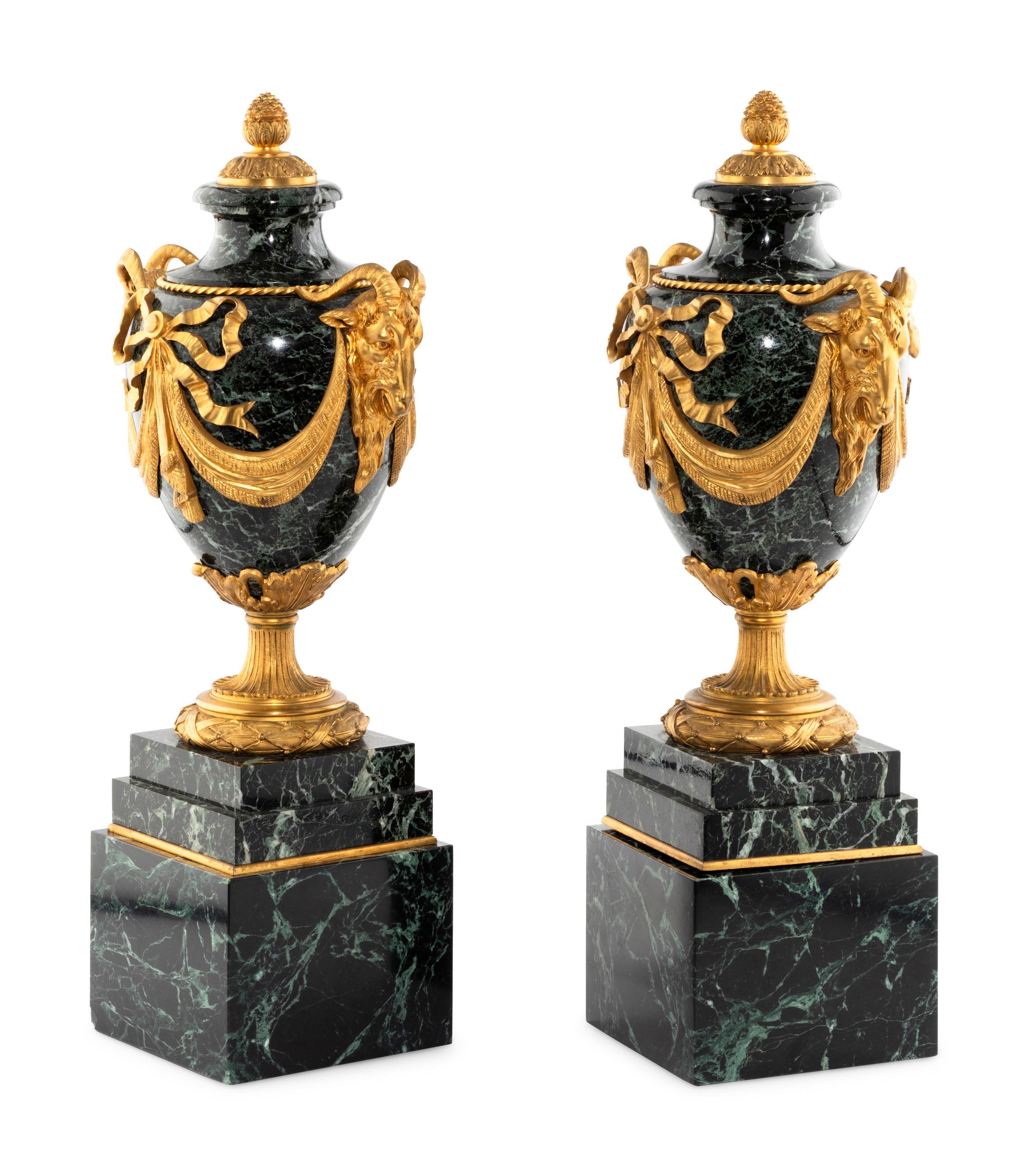 A Pair of French Gilt Bronze and Marble Urns