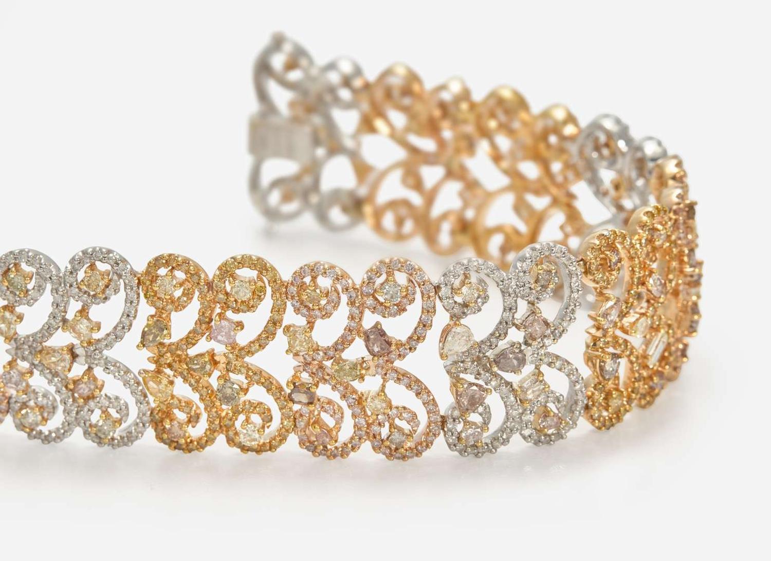 A Three-Tone Rose, White, and Yellow Gold and Multicolor Diamond Bracelet