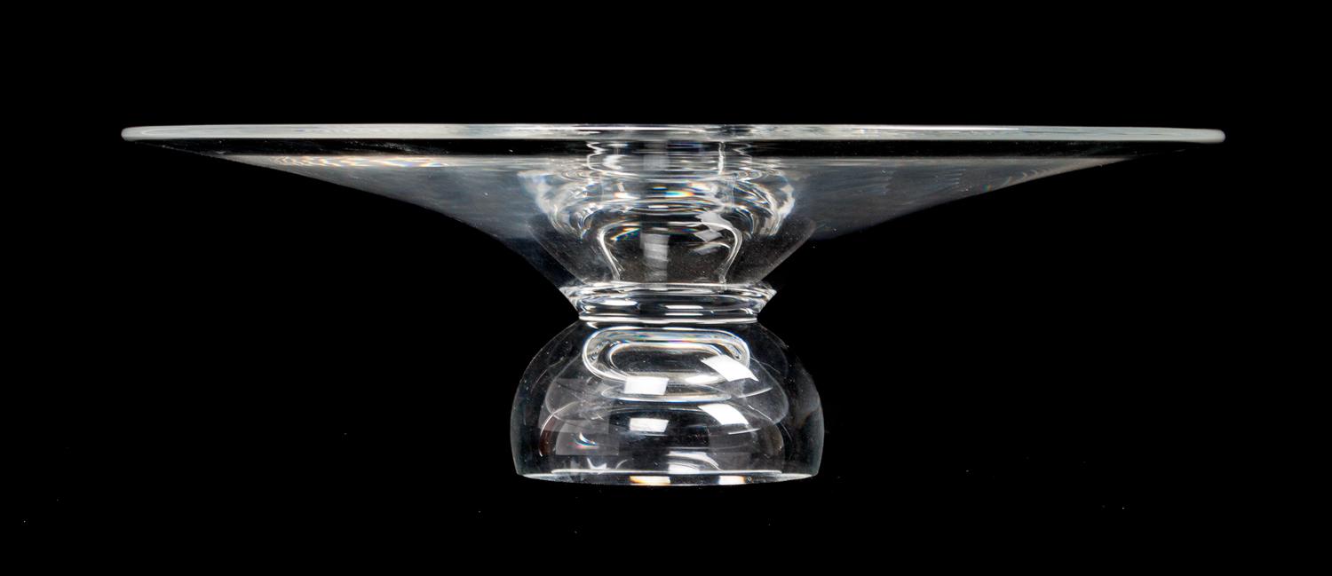 A Steuben Glass Cake Stand Height 3 3/4 x diameter 12 inches.