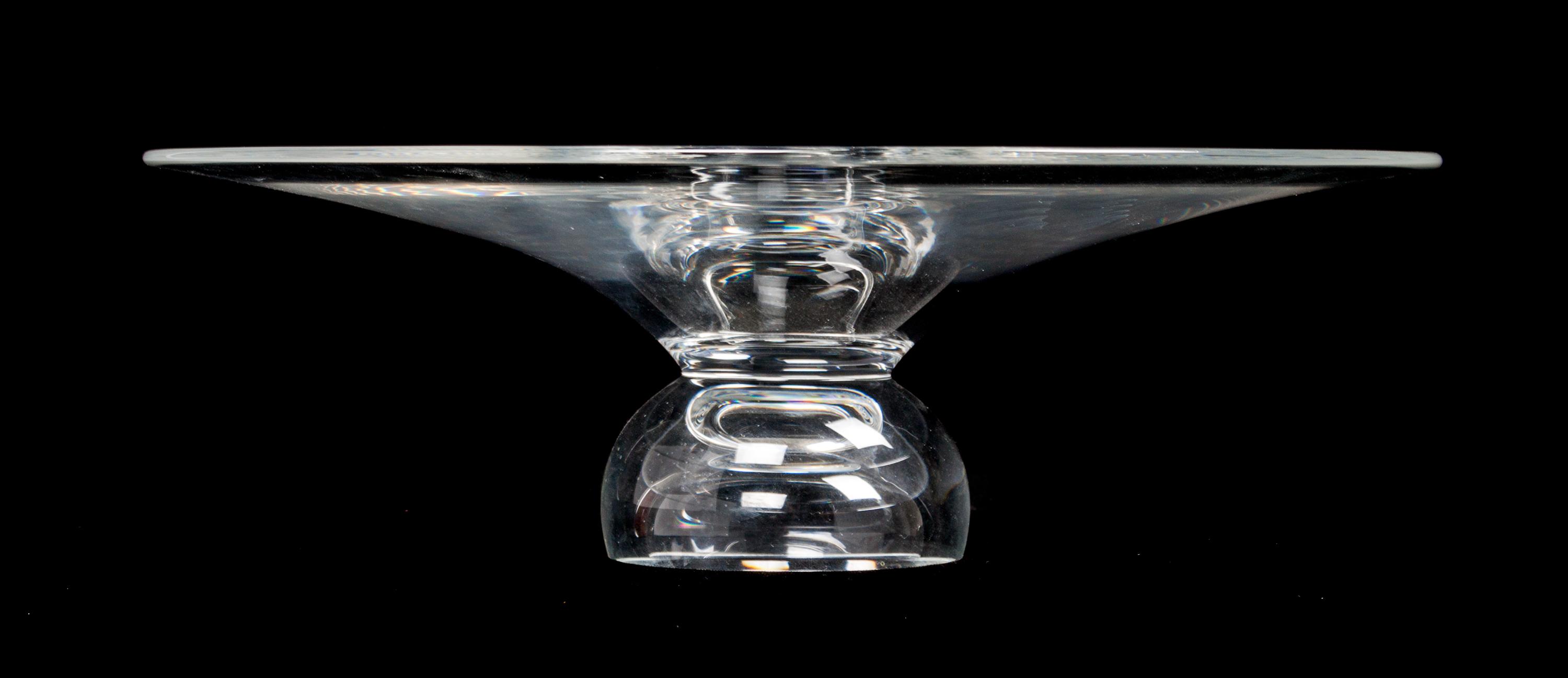 A Steuben Glass Cake Stand Height 3 3/4 x diameter 12 inches.